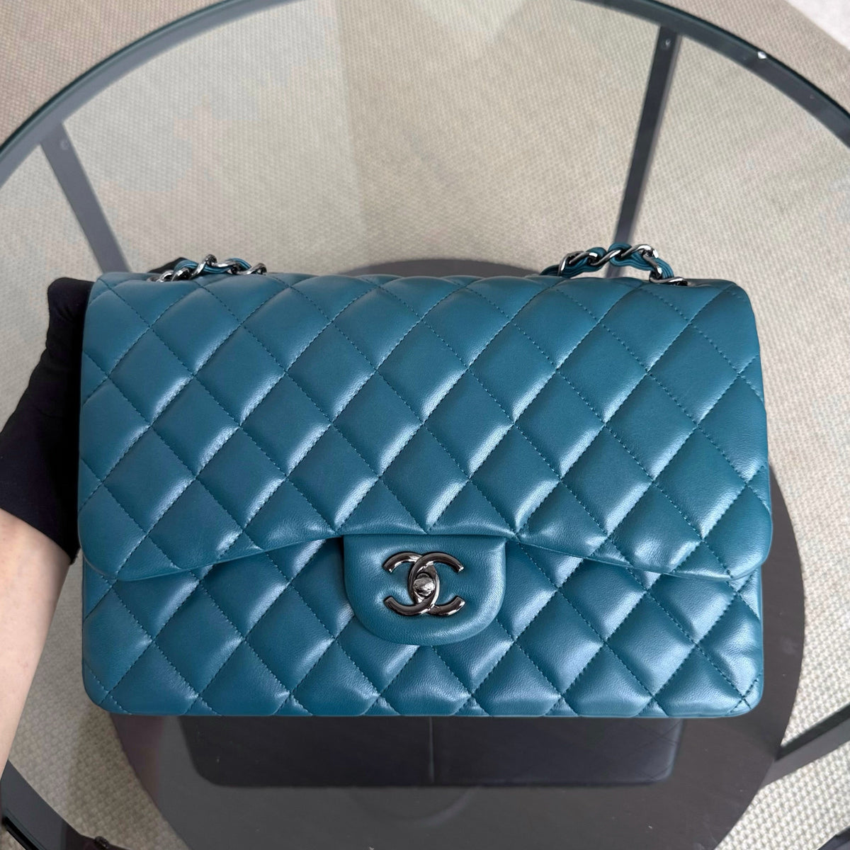 Chanel Classic Flap Jumbo - Double Flap 30CM Quilted Lambskin Dark Turquoise Dark Silver Hardware Series 15