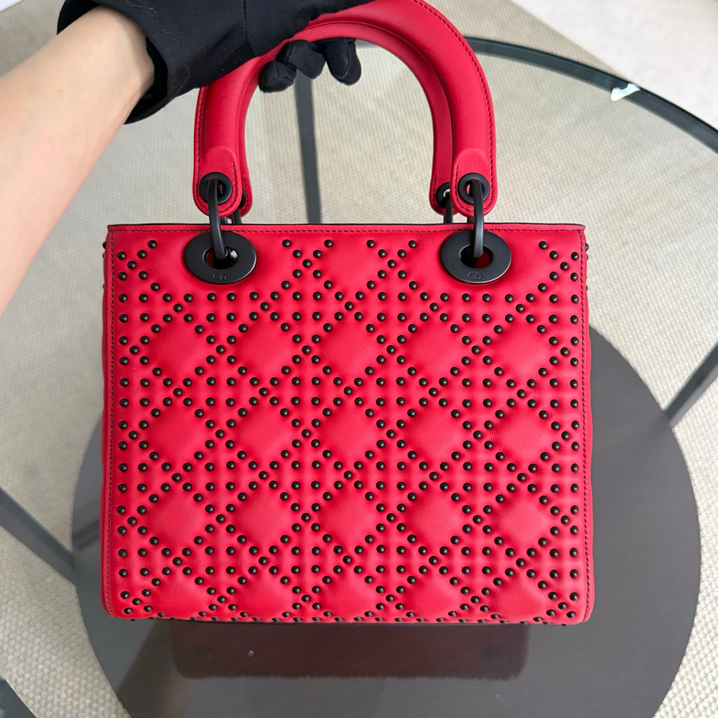Dior Lady Medium Flap - Studded Cannage Calfskin Red Black Hardware