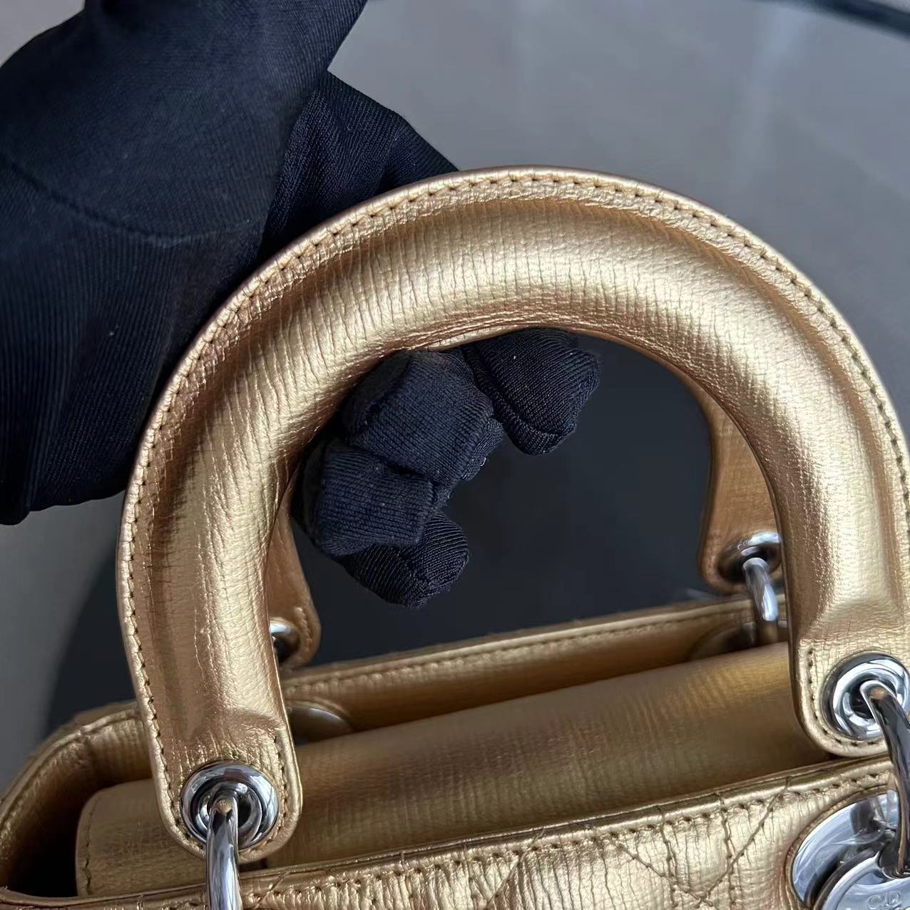 Dior Lady Small - Metallic Gold Cannage Calfskin Silver Hardware