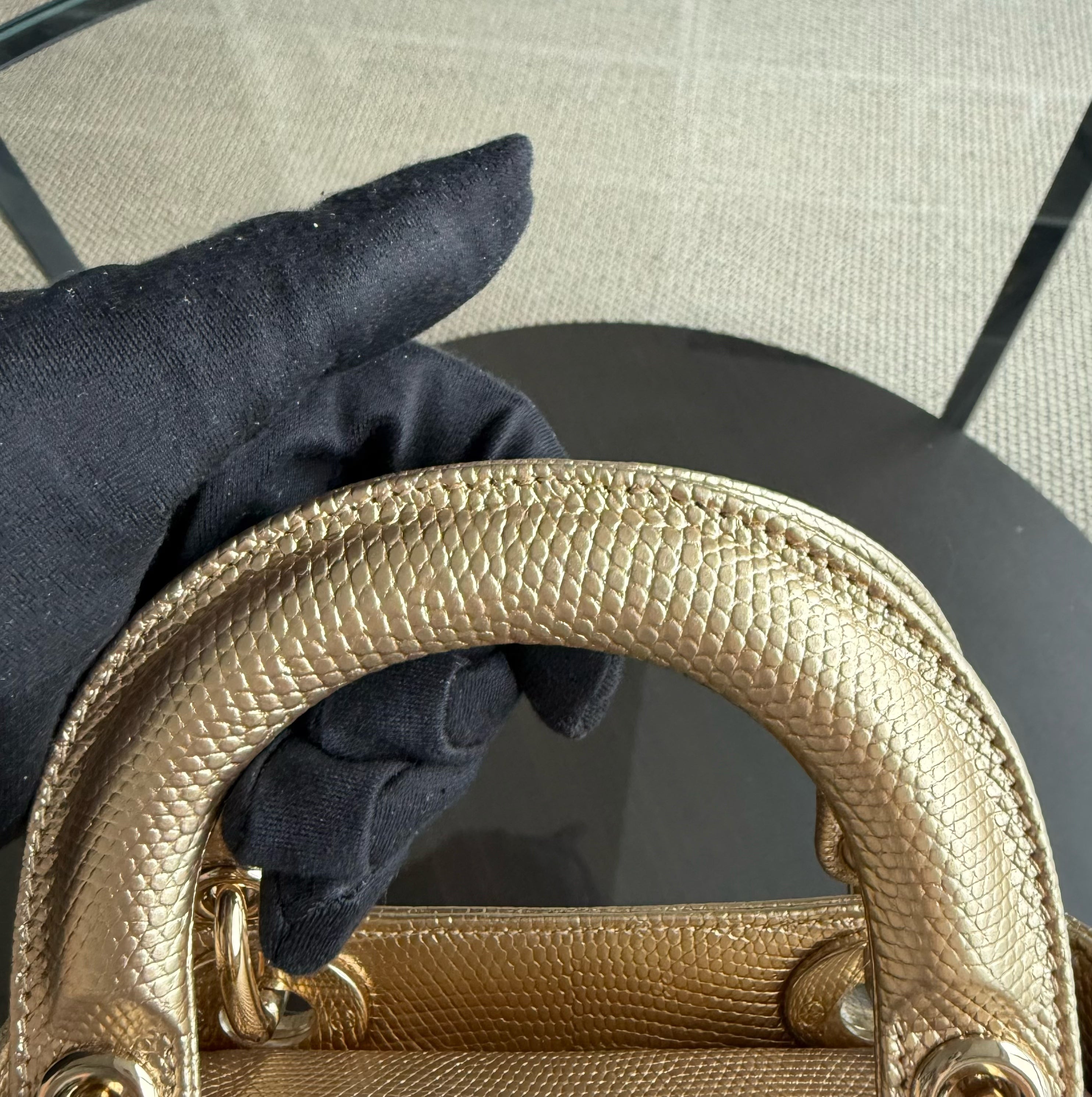 Dior Lady Mini - Exotic Lizard Skin Gold Metallic Gold Hardware Chain Strap
