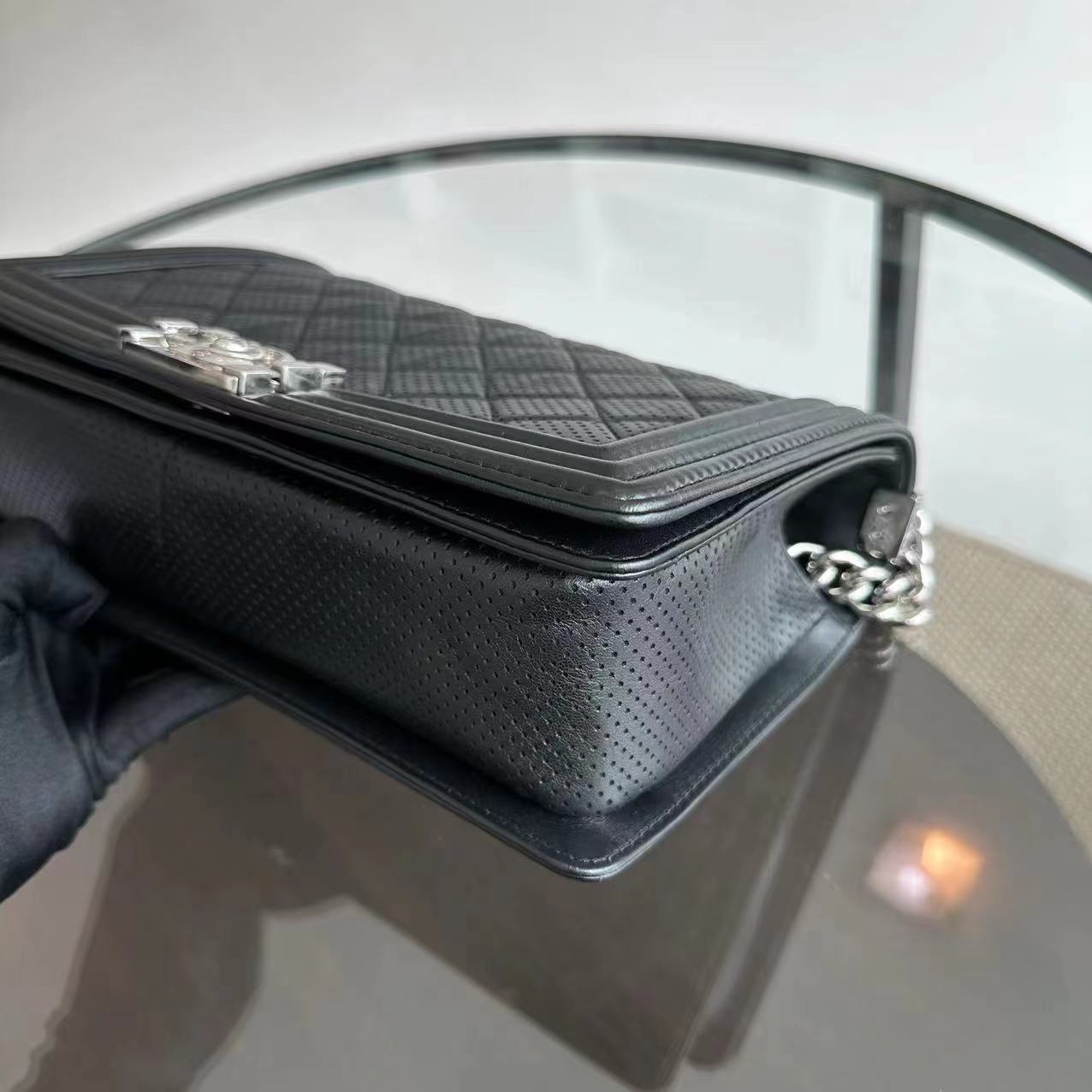 Chanel Boy Medium - 28CM Quilted Lambskin Perforated Black Silver Hardware Series 19