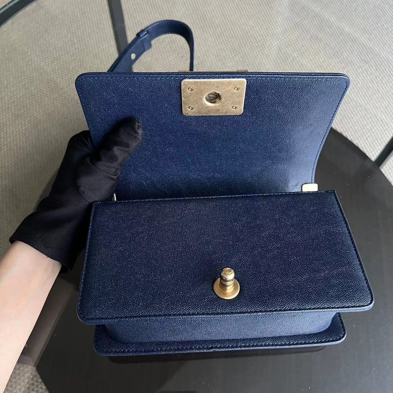 Chanel Boy Small - Caviar Quilted Grained Calfskin Dark Blue Golden Hardware Series 26