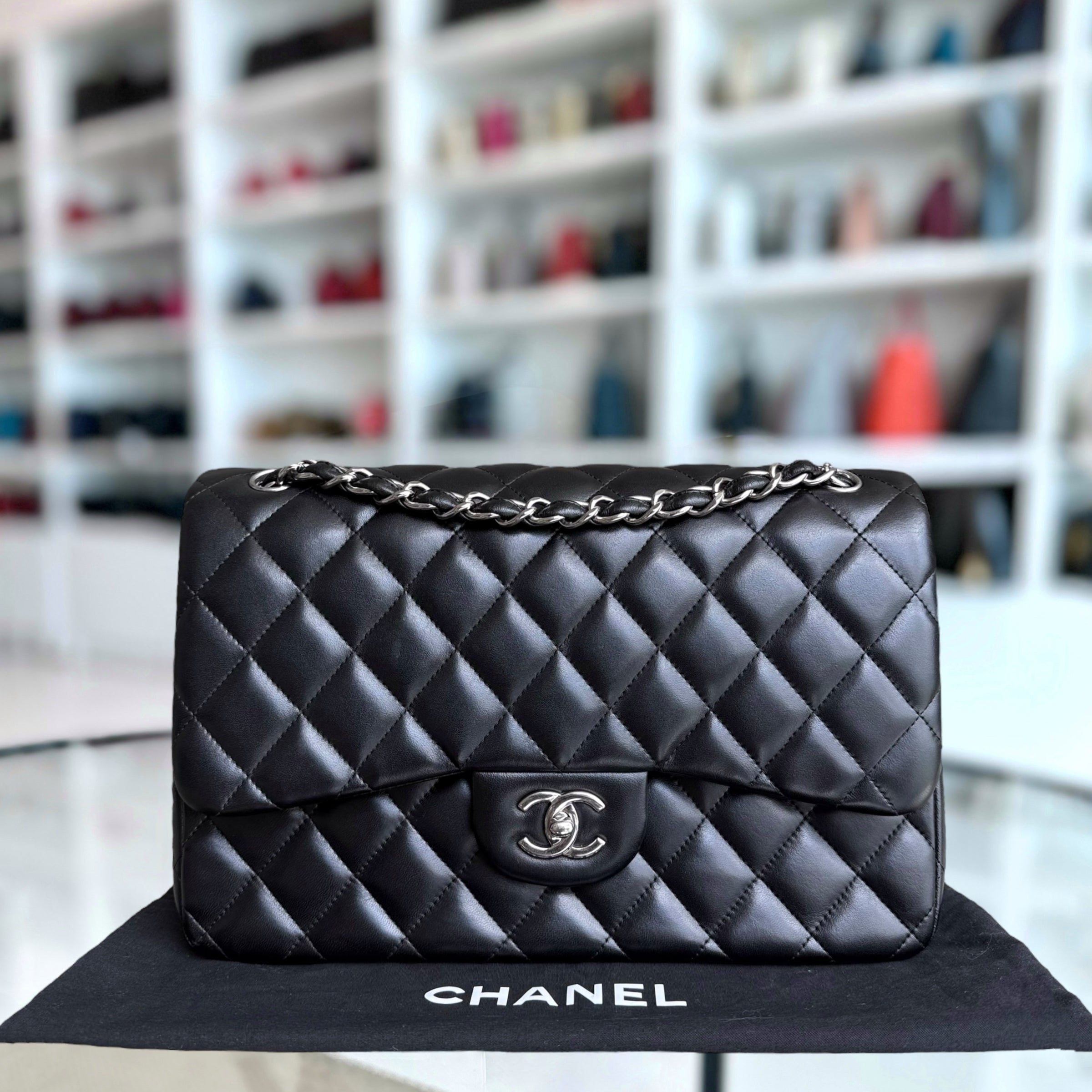 Chanel Classic Flap Jumbo - Double Flap 30CM Quilted Lambskin Black Silver Hardware Series 16