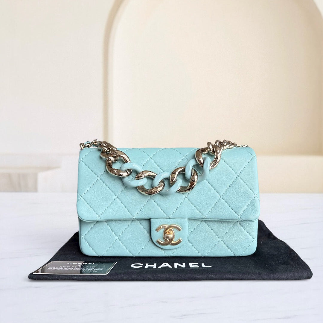 Chanel 2020 Elegant Resin Chain Seasonal Flap - Quilted Lambskin Tiffany Blue GHW No 29