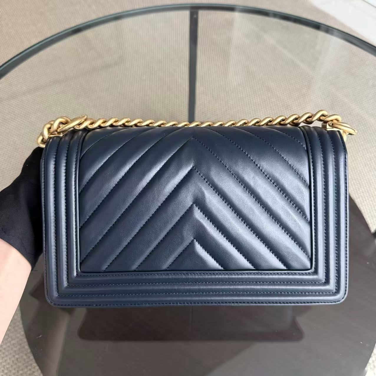 Chanel Boy Medium - 25CM Chevron Lambskin Dark Navy Blue Gold Hardware Series 25