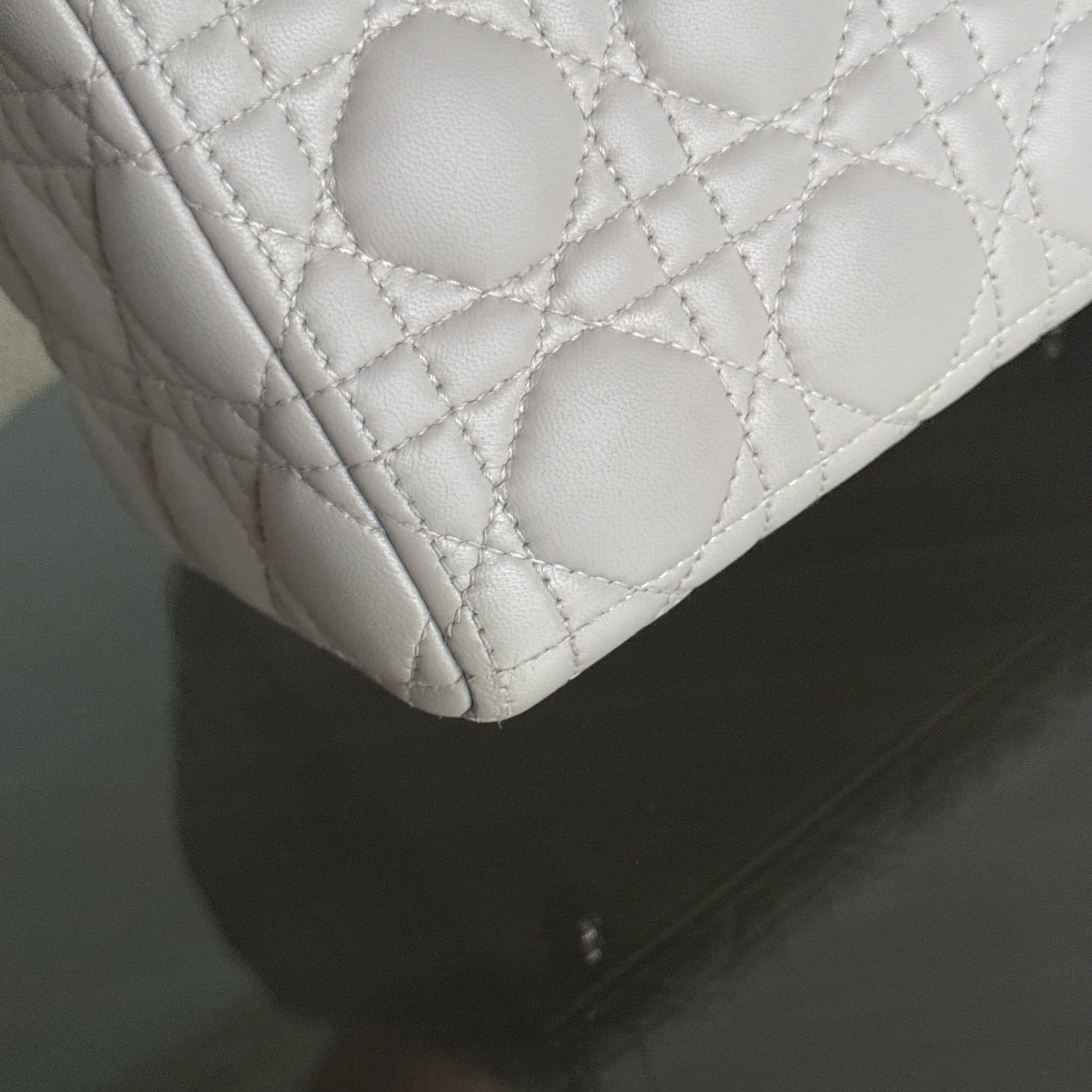 Dior Lady Large - Cannage Lambskin Light Gray Grey Silver Hardware