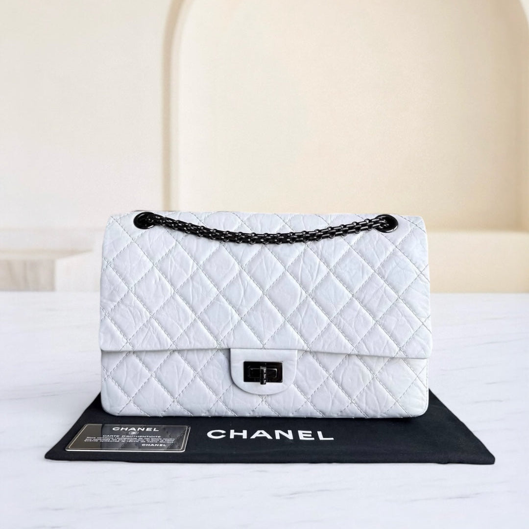 Chanel 2.55 Reissue 226 - Quilted Aged Calfskin White Ruthenium Black Hardware Series 12
