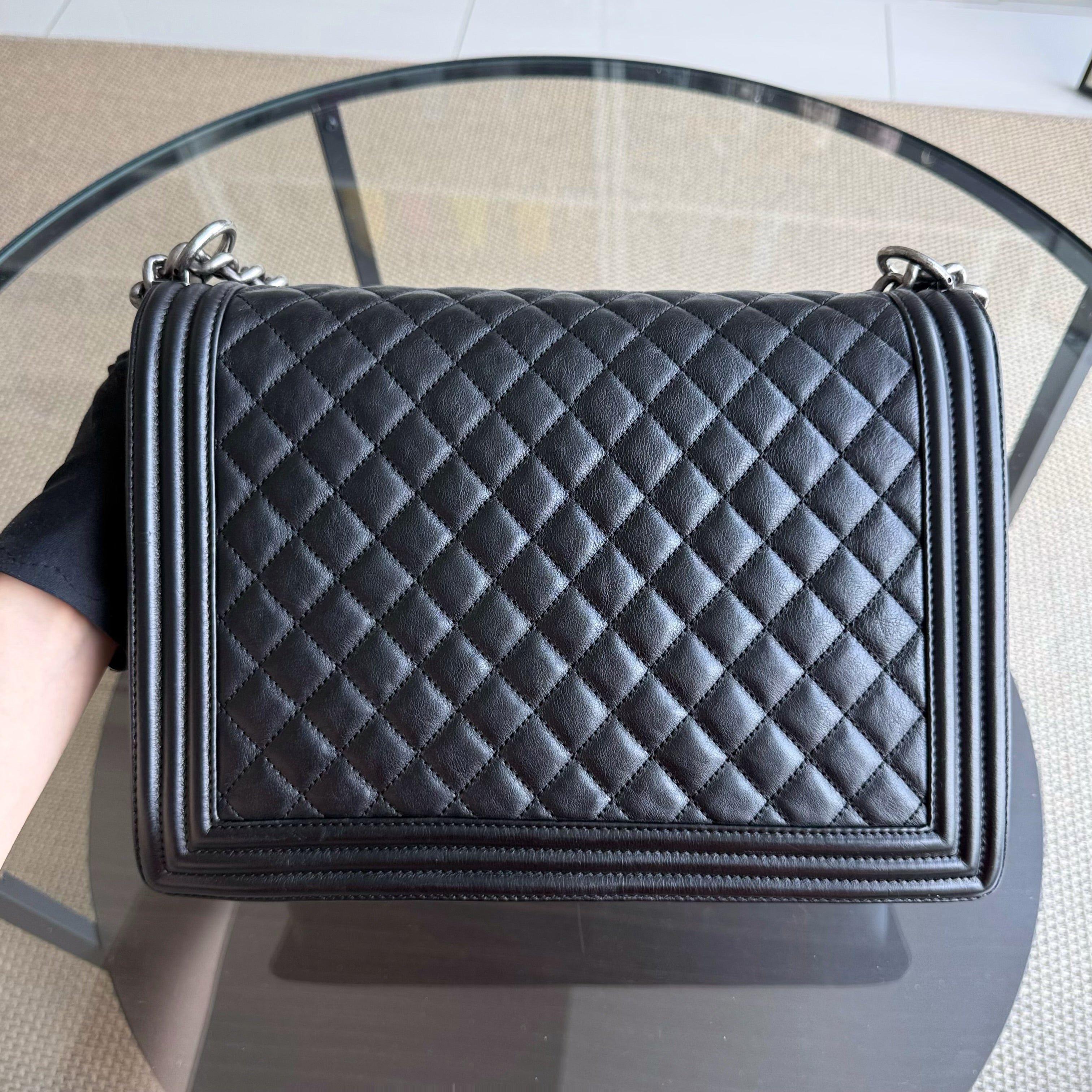 Chanel Boy Large - Quilted Grained Calfskin Black Silver Hardware Series 17