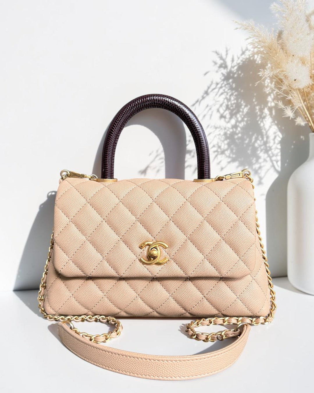 Chanel Coco Handle Small - Caviar Quilted Beige Lizard Handle Gold Hardware Series 24