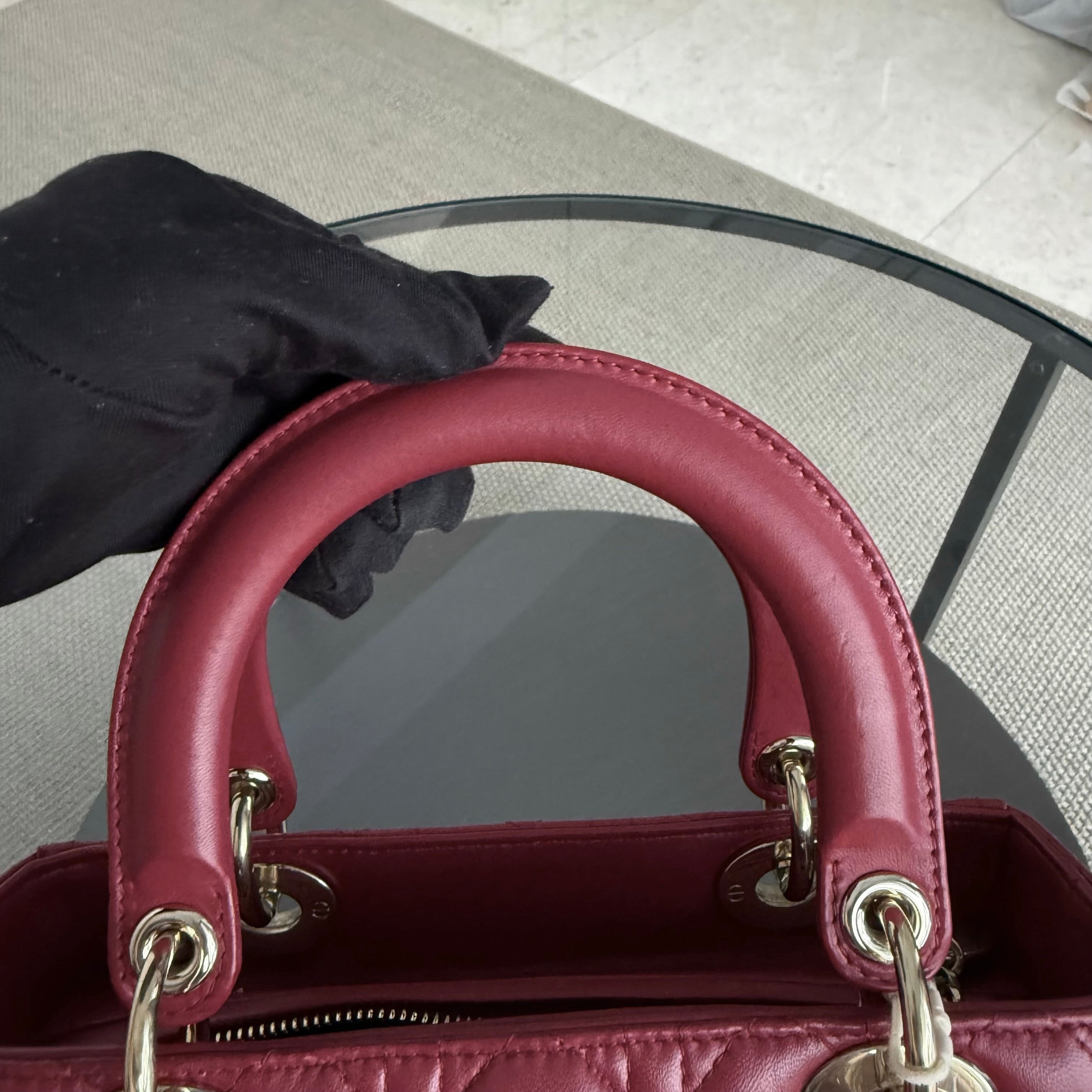 Dior Lady Medium - Cannage Lambskin Burgundy Dark Red Gold Hardware Adjustable Strap