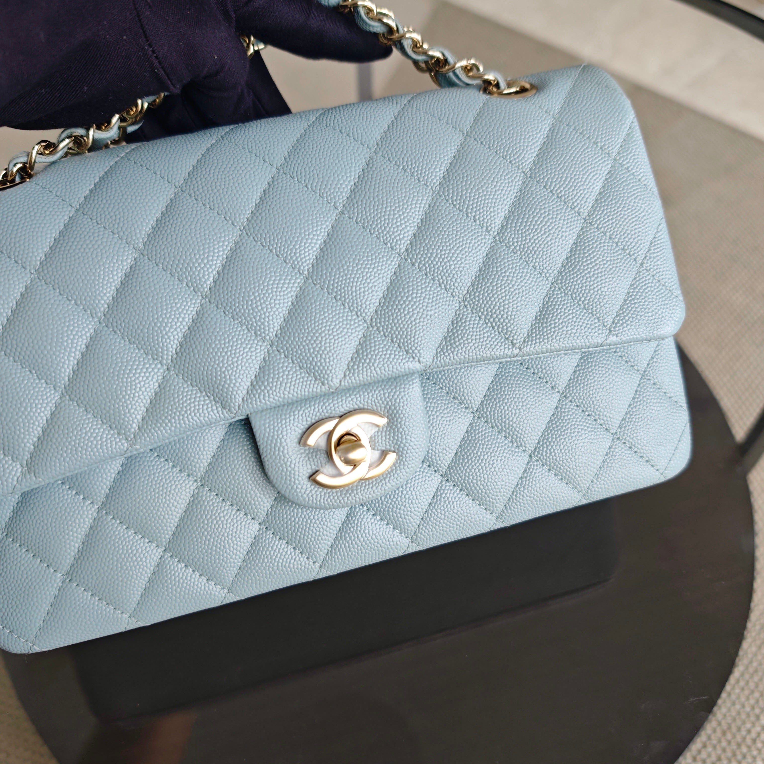 Chanel Classic Flap Medium - Caviar 25CM Quilted Light Blue Baby Blue Gold Hardware Microchip