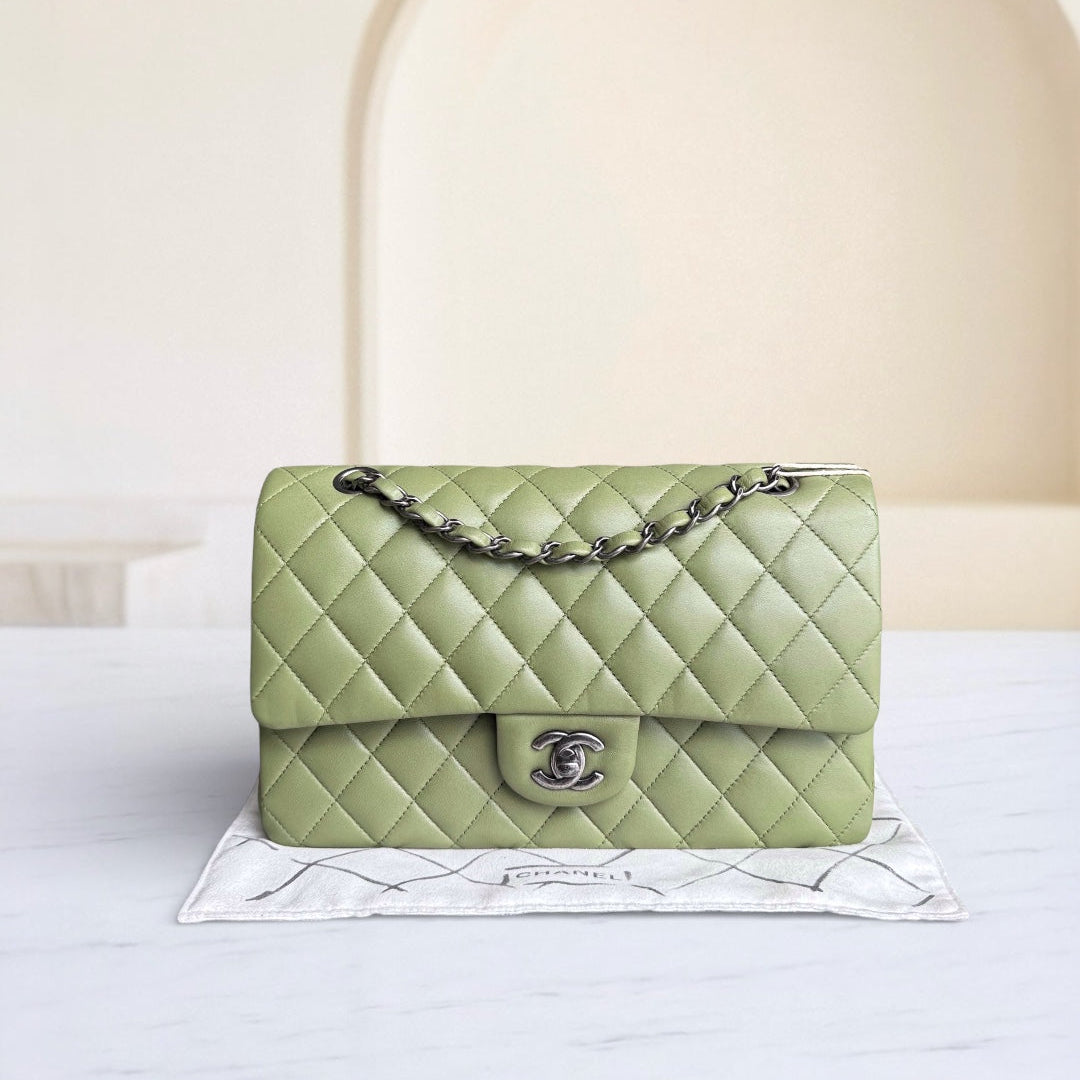 Chanel Classic Flap Medium - 25CM Quilted Lambskin Olive Green Silver Hardware Series 20