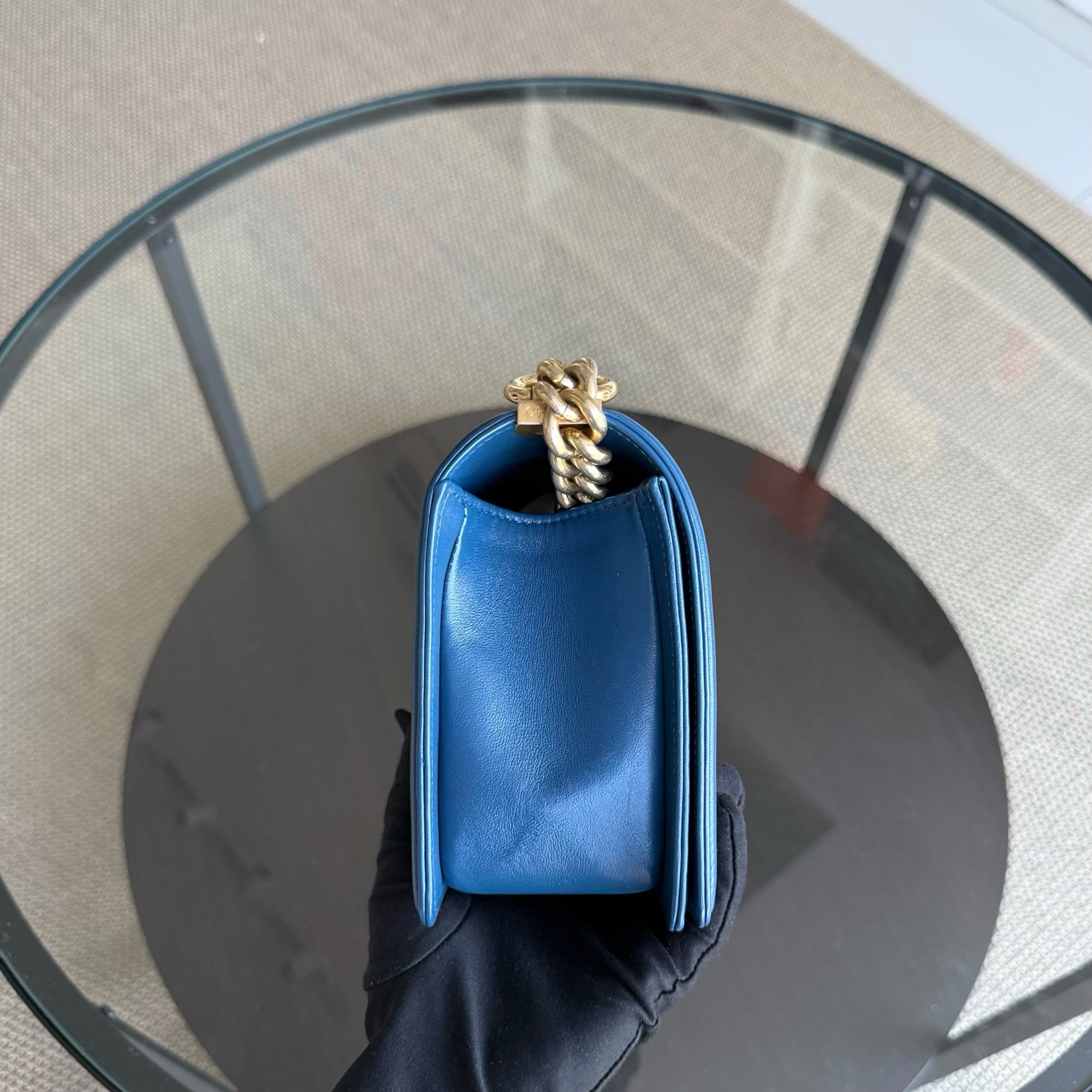 Chanel Boy Old Medium - Quilted Lambskin Blue Gold Hardware Series 23
