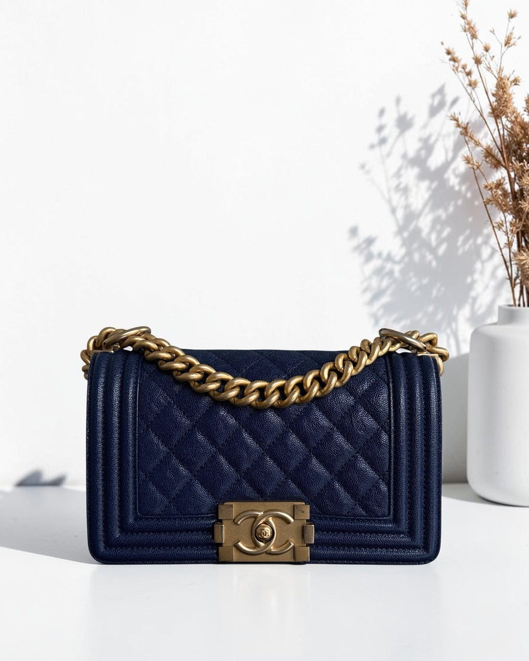 Chanel Boy Small - Caviar 20CM Quilted Dark Blue Gold Hardware Series 26