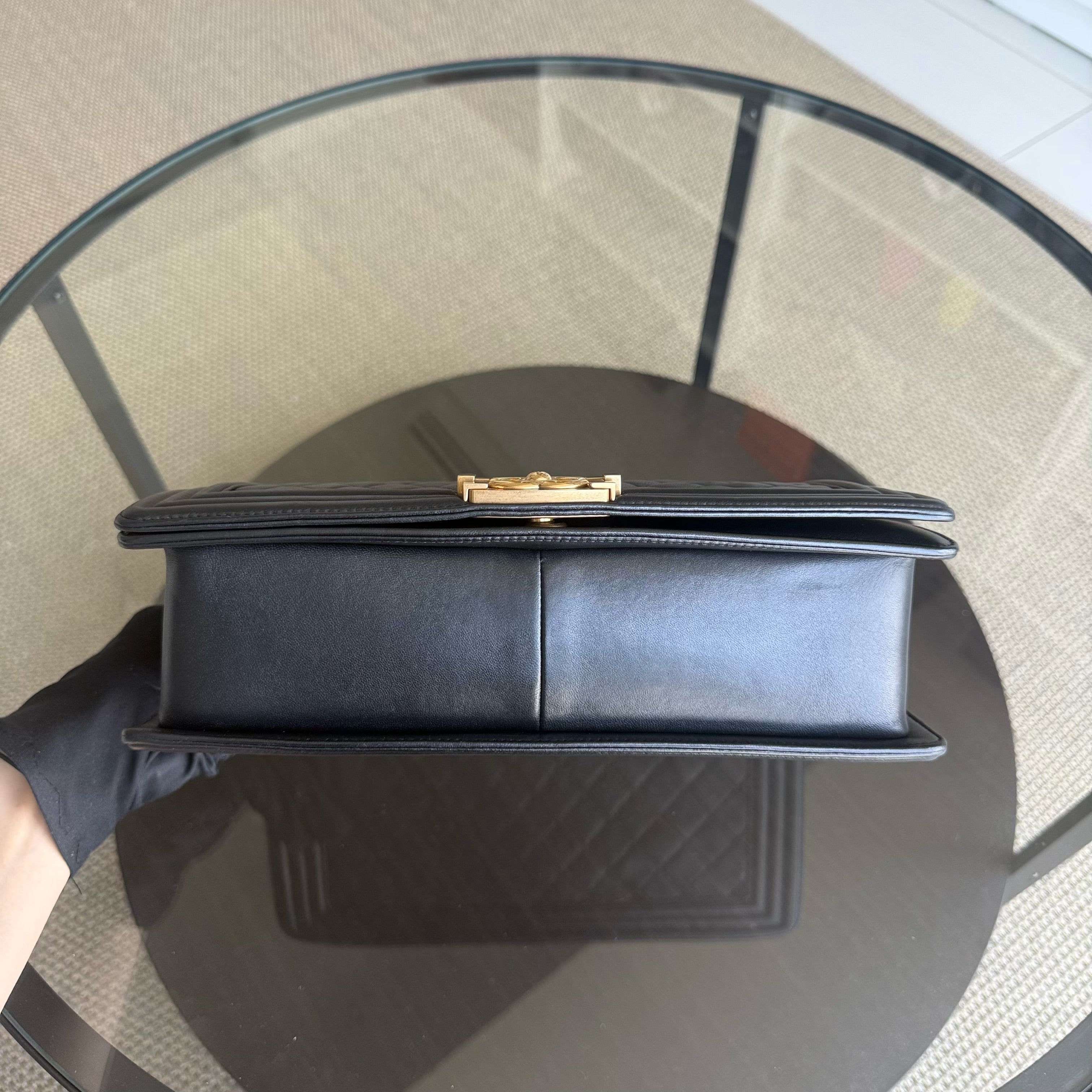 Chanel Boy New Medium - 28CM Quilted Lambskin Black Gold Hardware Series 26