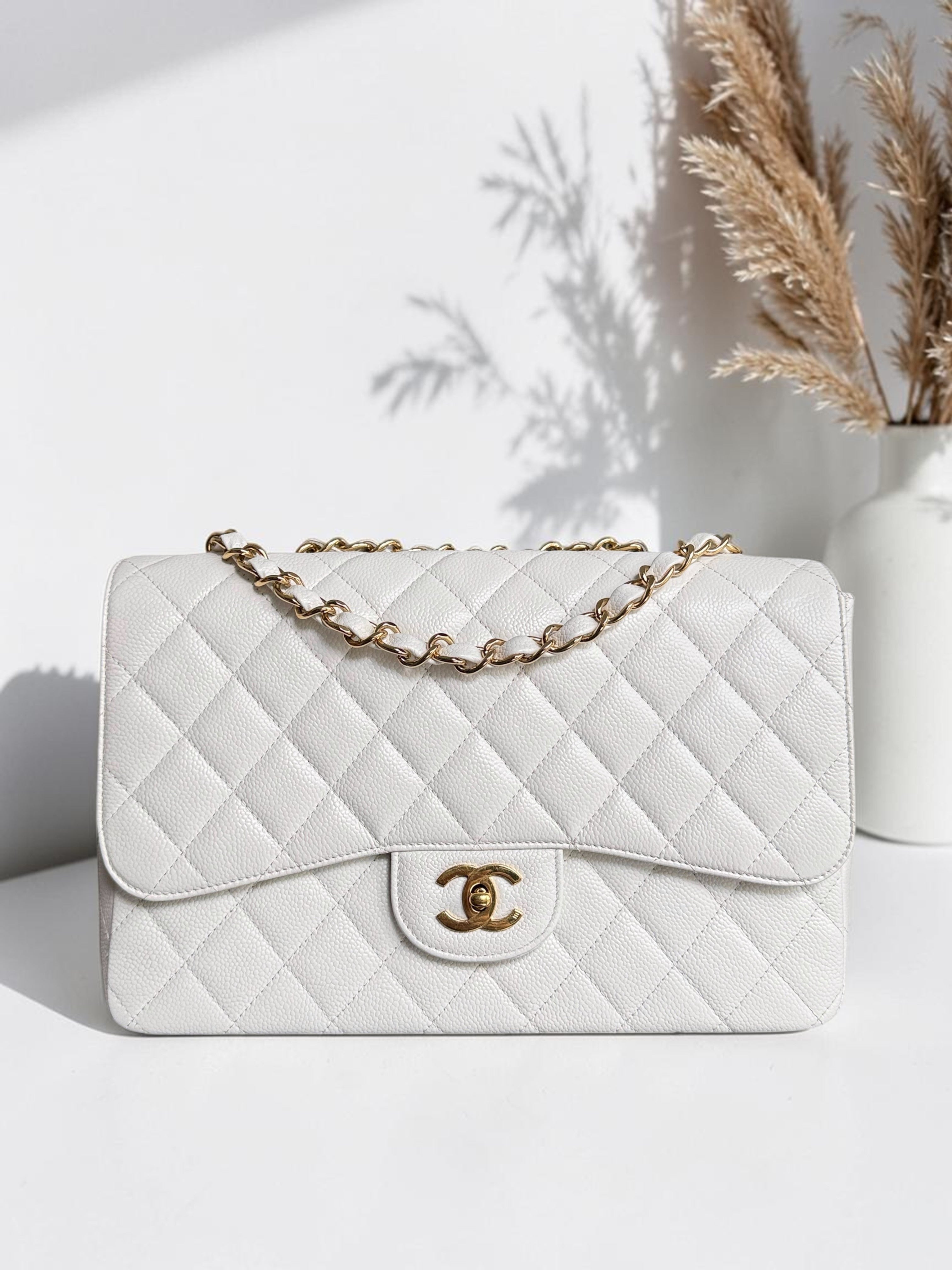 Chanel Classic Flap Jumbo - Caviar 30CM Single Flap Quilted White 24K Gold Hardware Series 11