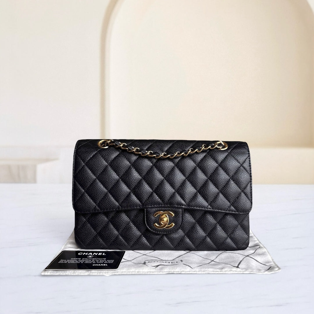 Chanel Classic Flap Medium - Caviar 25CM Quilted Double Flap Black Gold Hardware Series 12