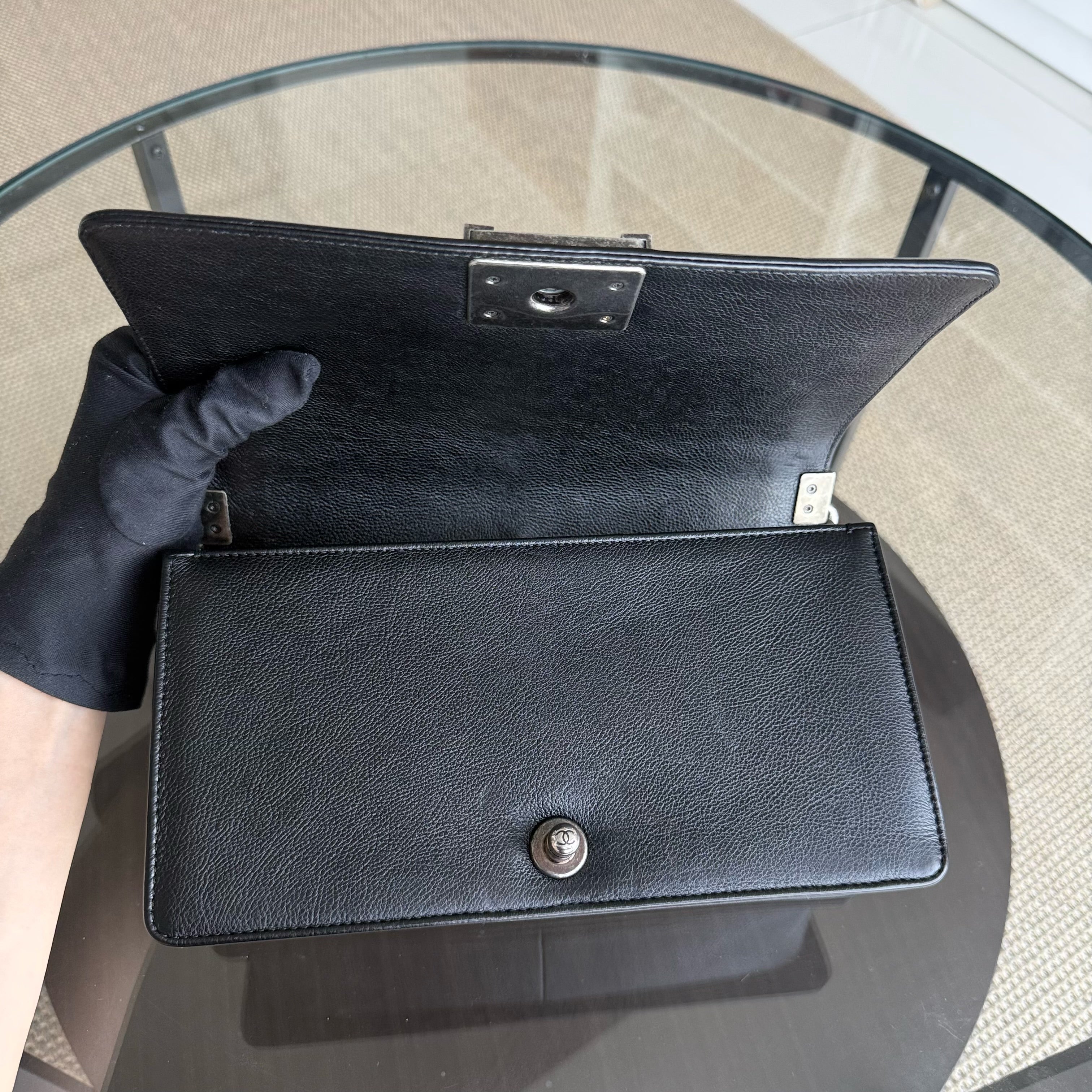 Chanel Boy Medium - 25CM Quilted Grained Calfskin Black Silver Hardware Series 23