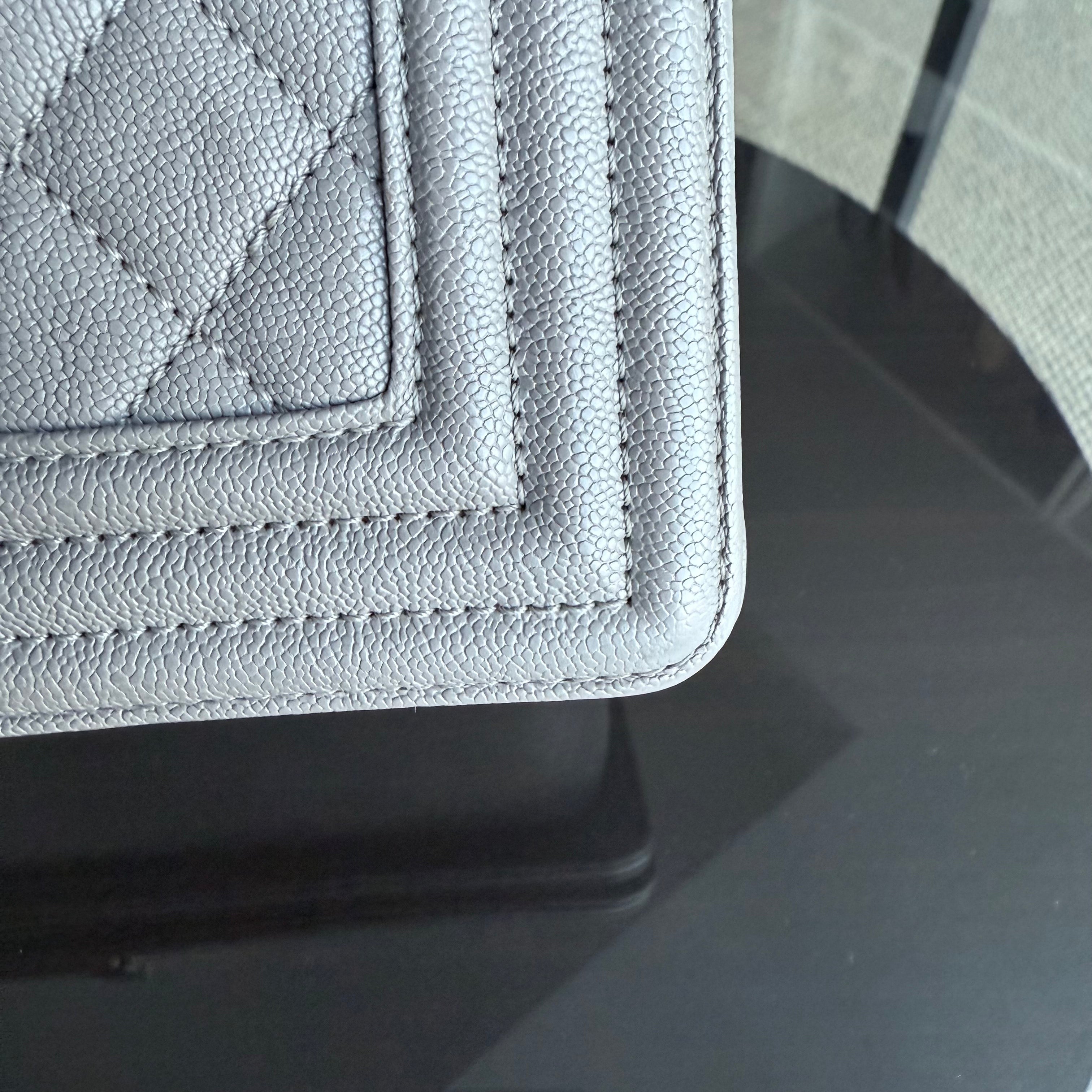 Chanel Boy Medium - Caviar 25CM Quilted Light Grey Gray Gold Hardware Series 26