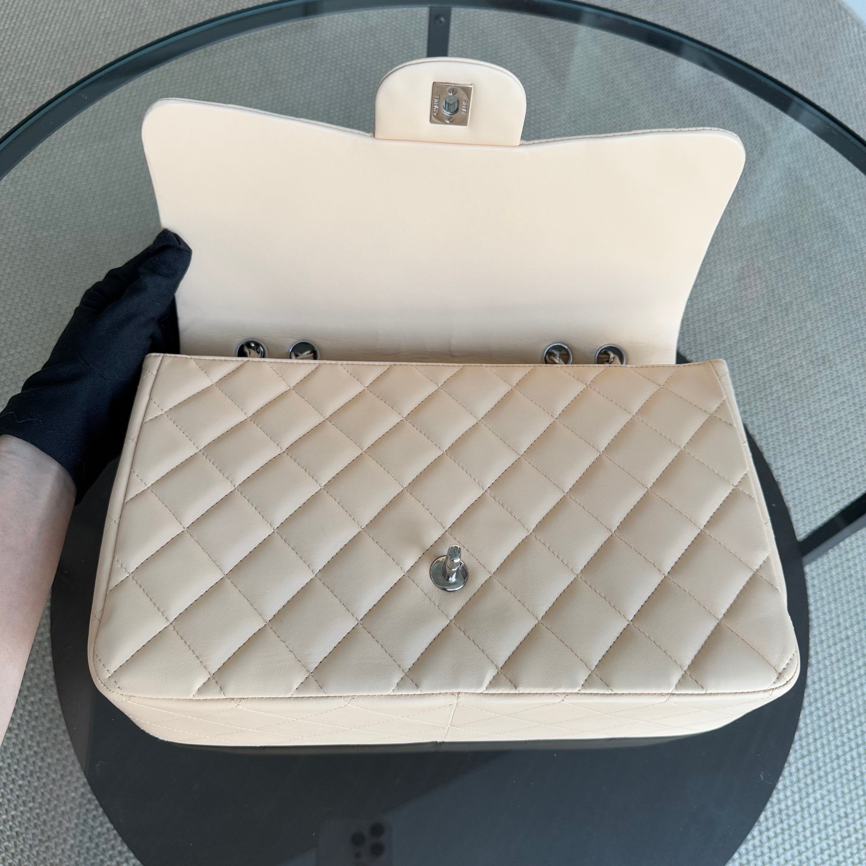 Chanel Classic Flap Jumbo - 30CM Quilted Single Flap Lambskin Beige Silver Hardware Series 13
