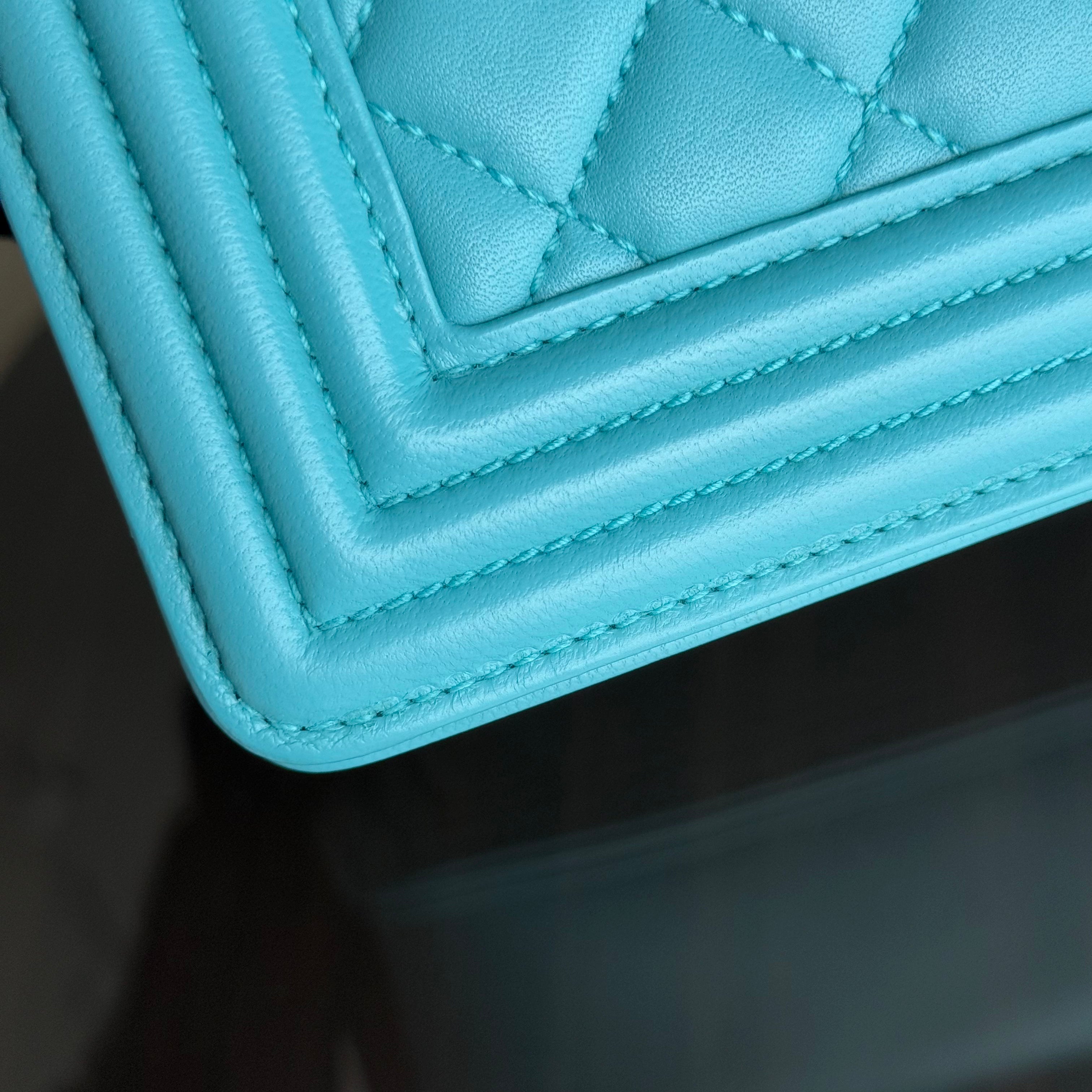 Chanel Boy Medium - 25CM Quilted Lambskin Cyan Blue Ruthenium Silver Hardware Series 19
