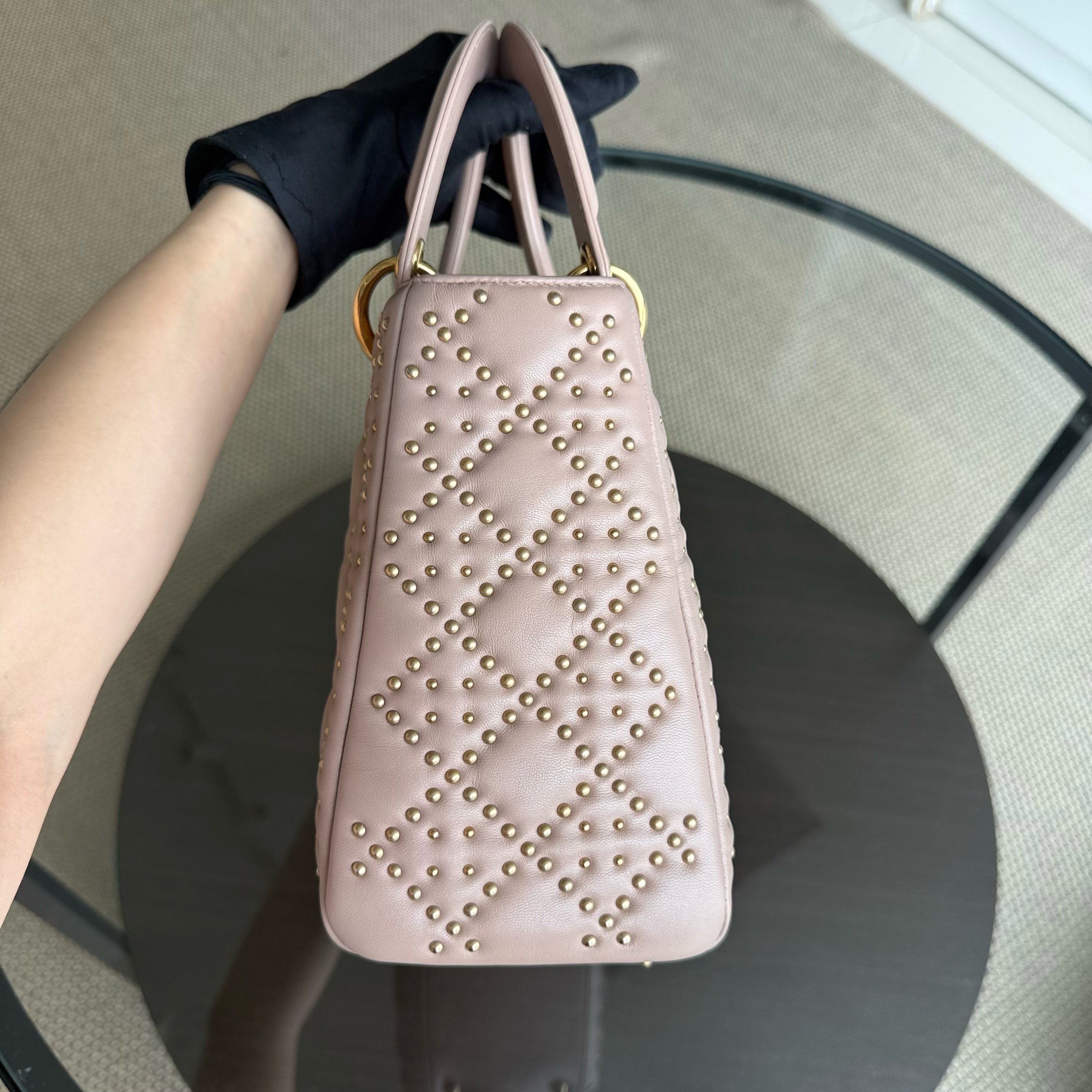 Dior Lady Medium - Studded Cannage Lambskin Blush Gold Hardware
