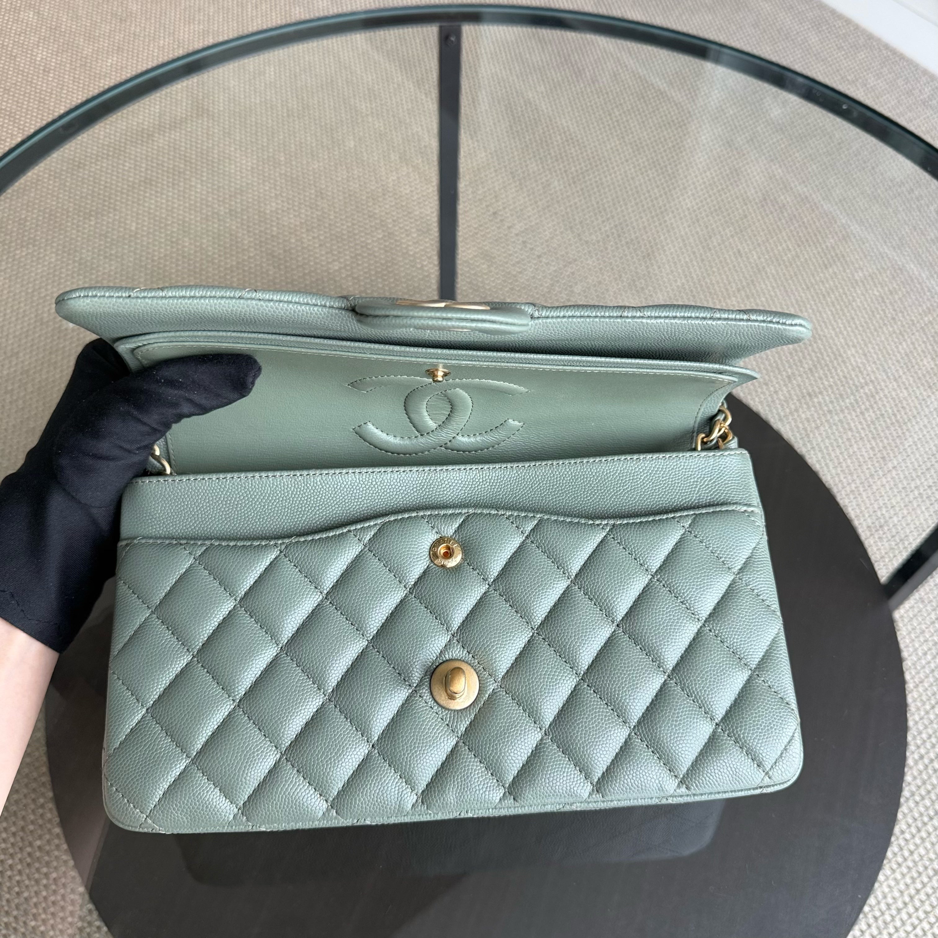 Chanel Classic Flap Medium - Caviar 25CM Quilted Light Green Gold Hardware Series 25