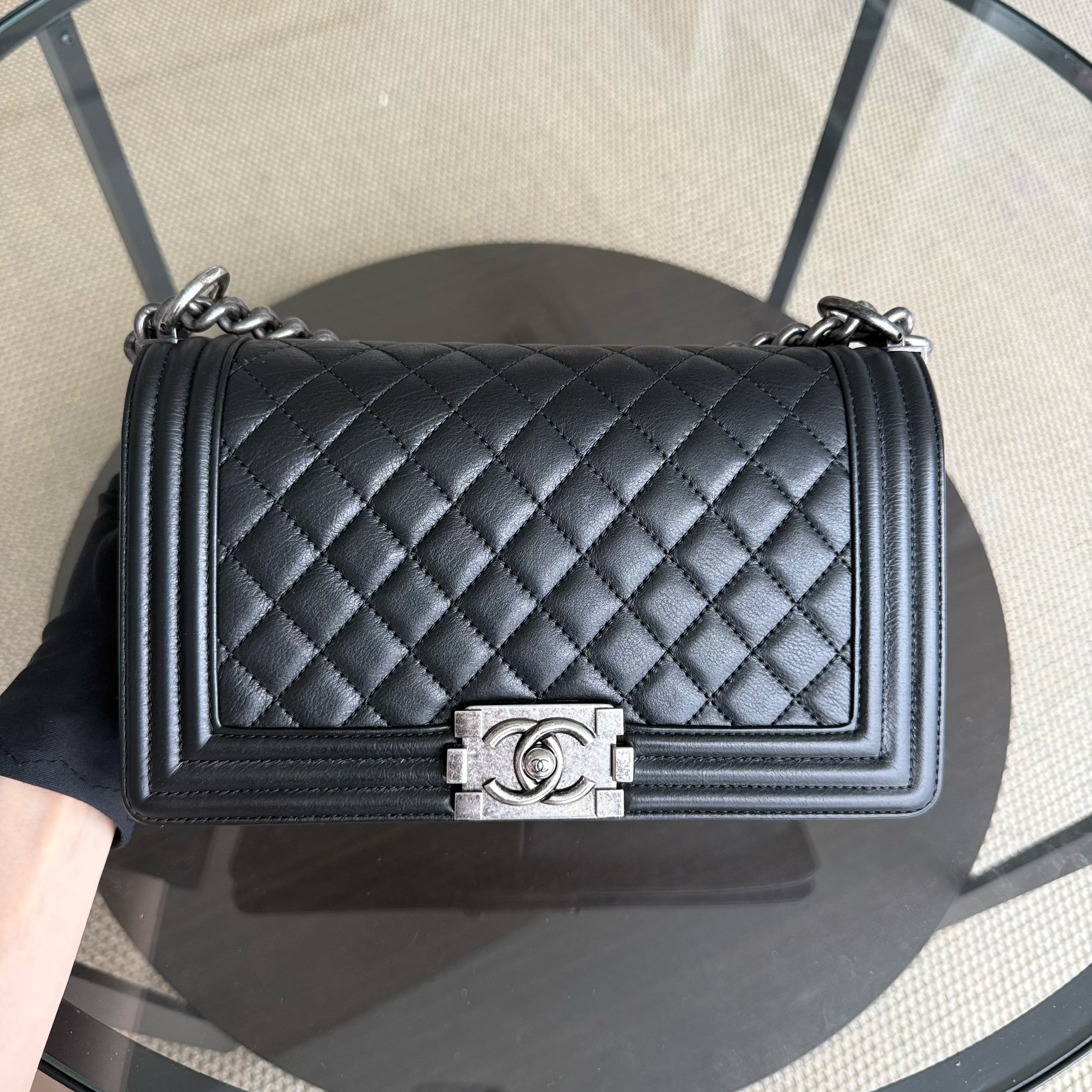 Chanel Boy Medium - 25CM Quilted Calfskin Black Ruthenium Silver Hardware
