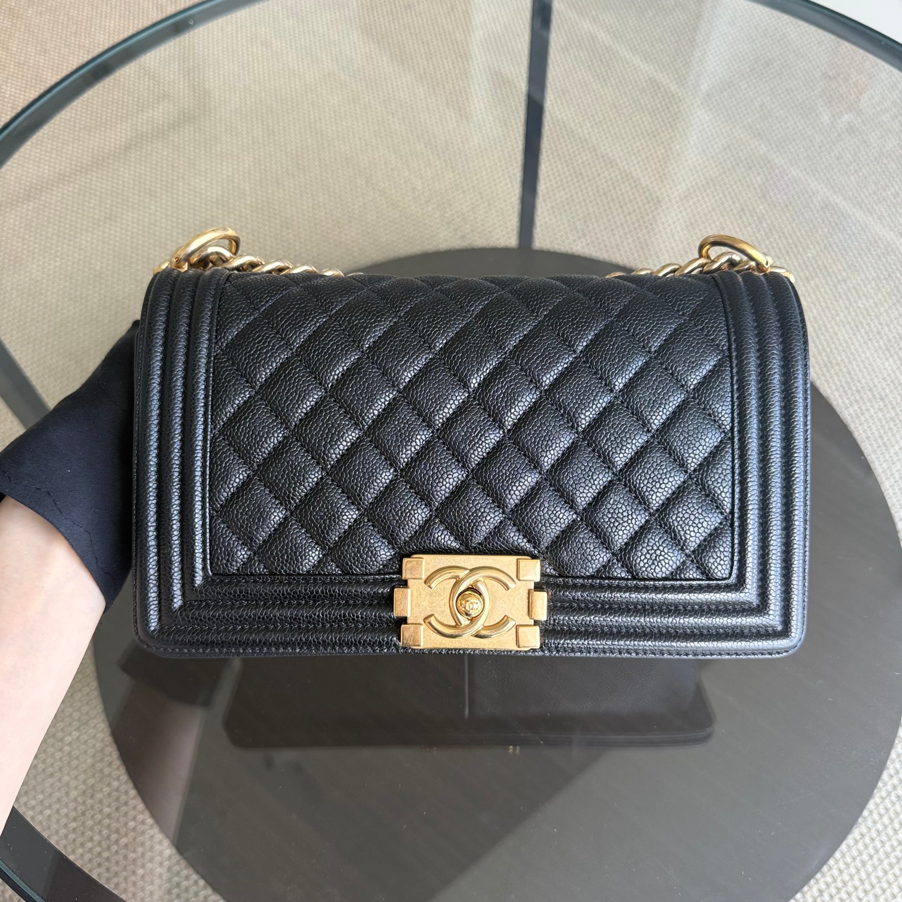 Chanel Boy Medium - Caviar 25CM Quilted Black Aged Gold Hardware Series 23