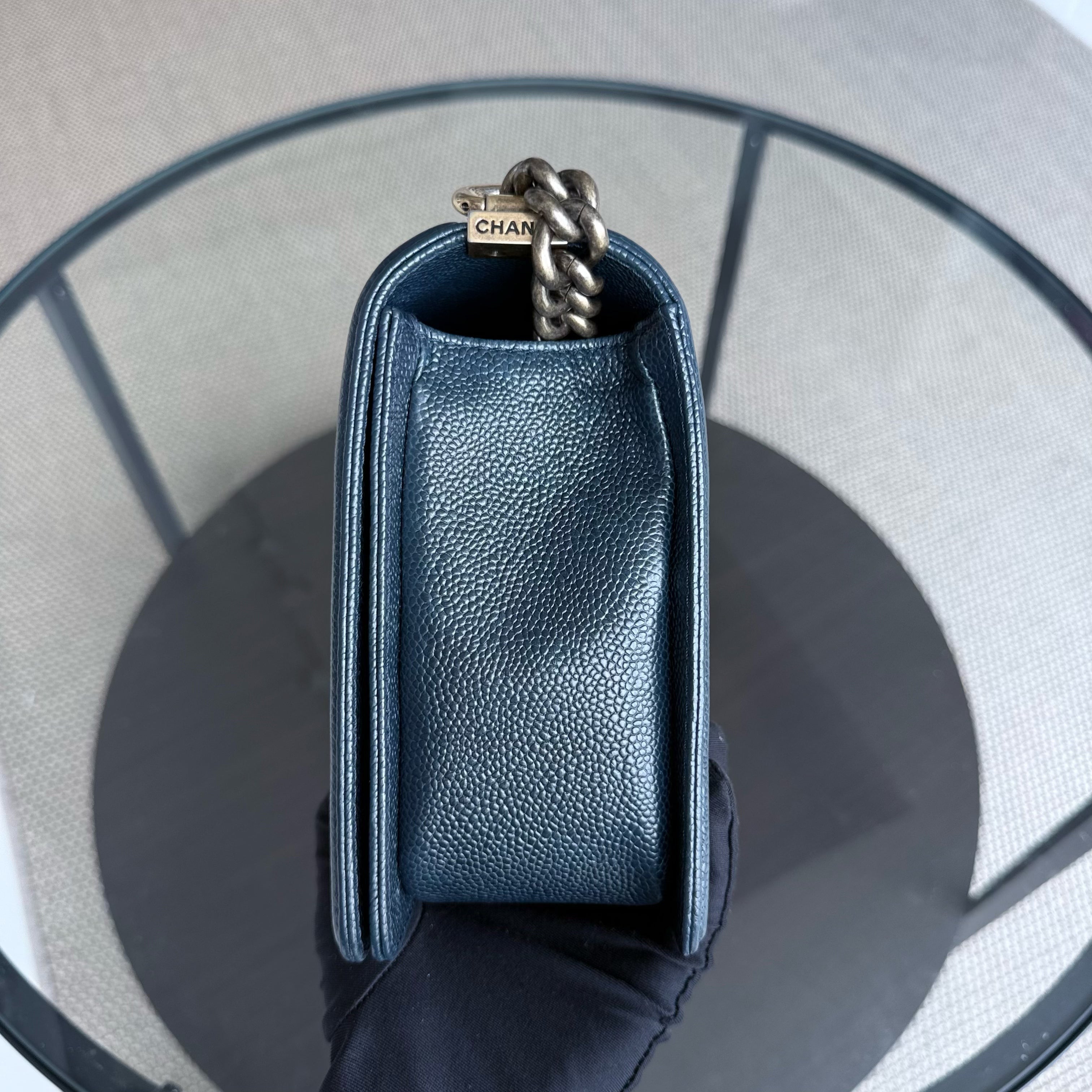 Chanel Boy New Medium - Caviar 28CM Quilted Dark Blue Ruthenium Gold Hardware Series 19