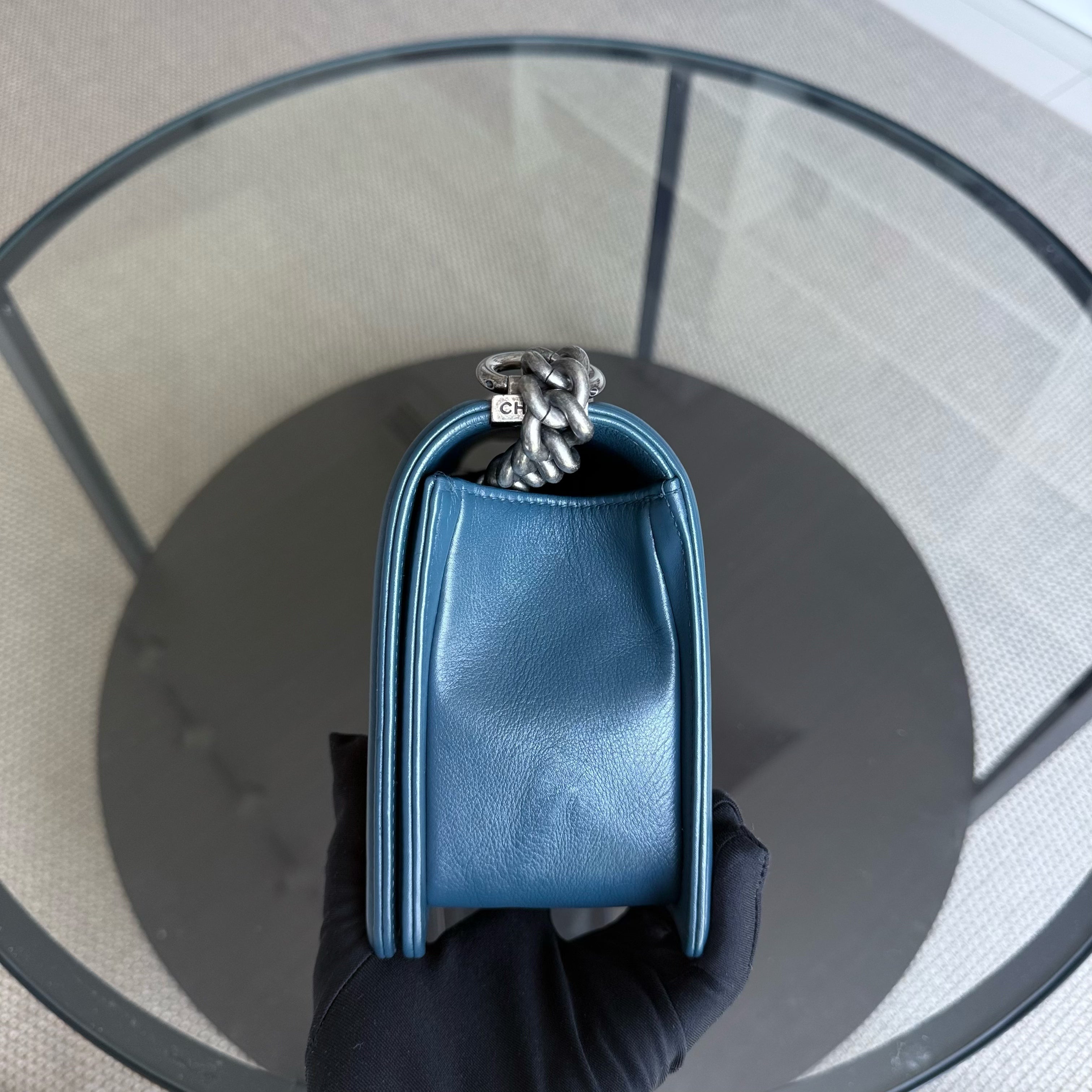 Chanel Boy Medium - Calfskin 25CM Quilted Blue Ruthenium Silver Hardware Series 26
