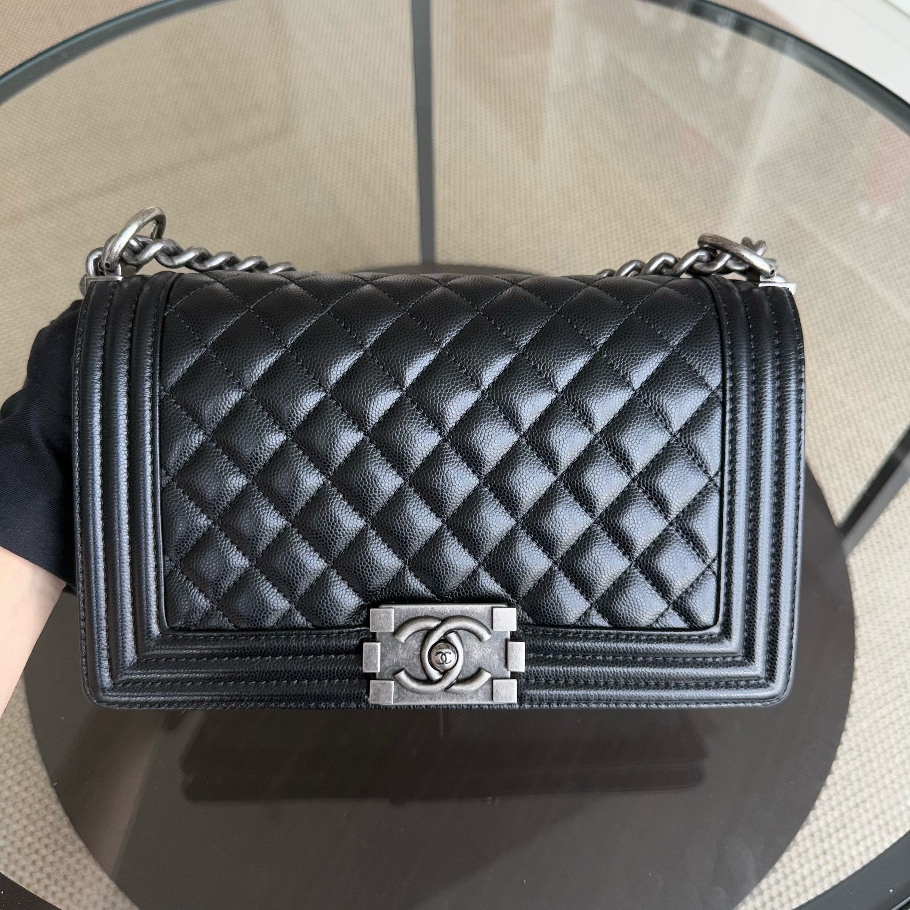 Chanel Boy Medium - Caivar 25CM Quilted Black Ruthenium Silver Hardware
