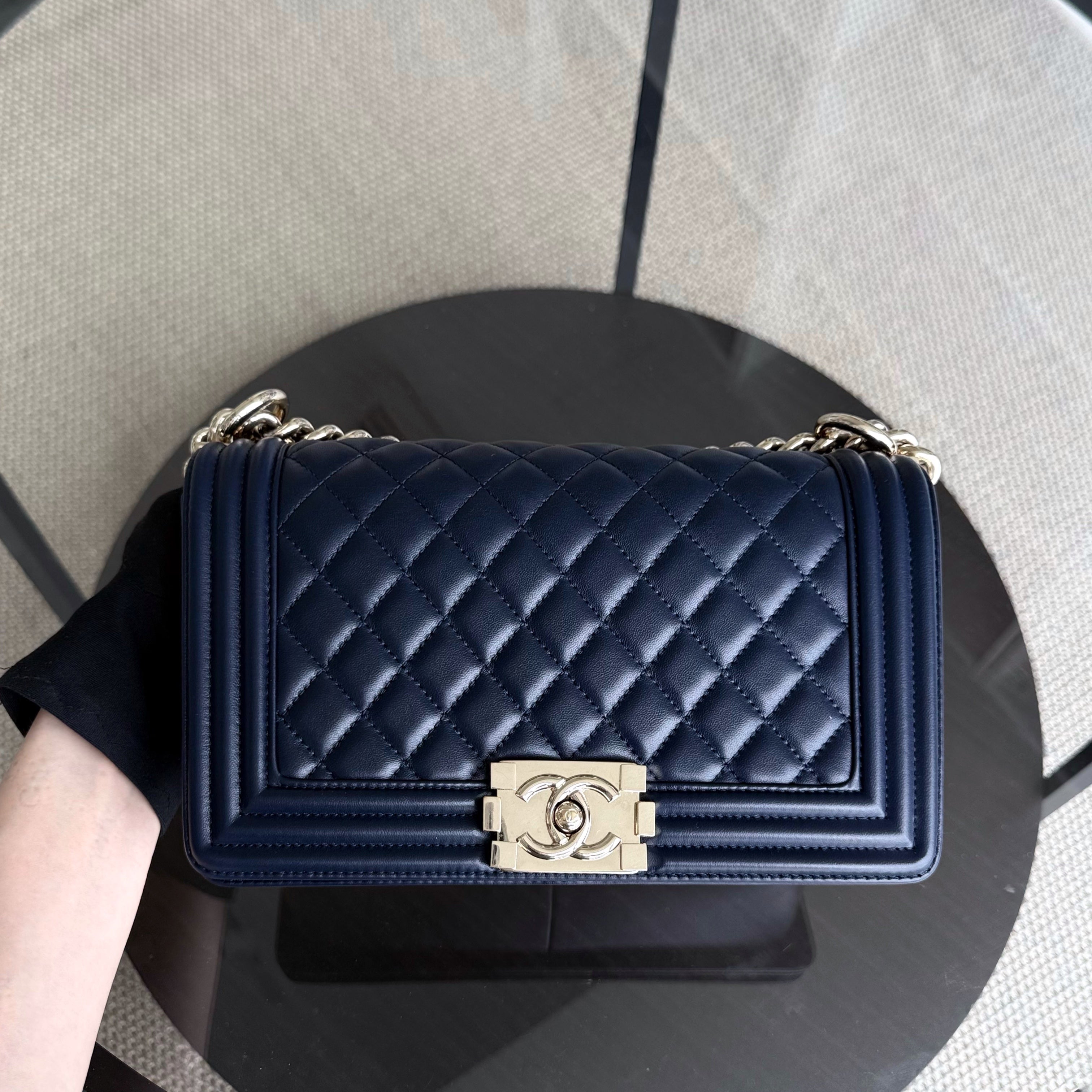 Chanel Boy Medium - 25CM Quilted Lambskin Dark Navy Blue Gold Hardware Series 22