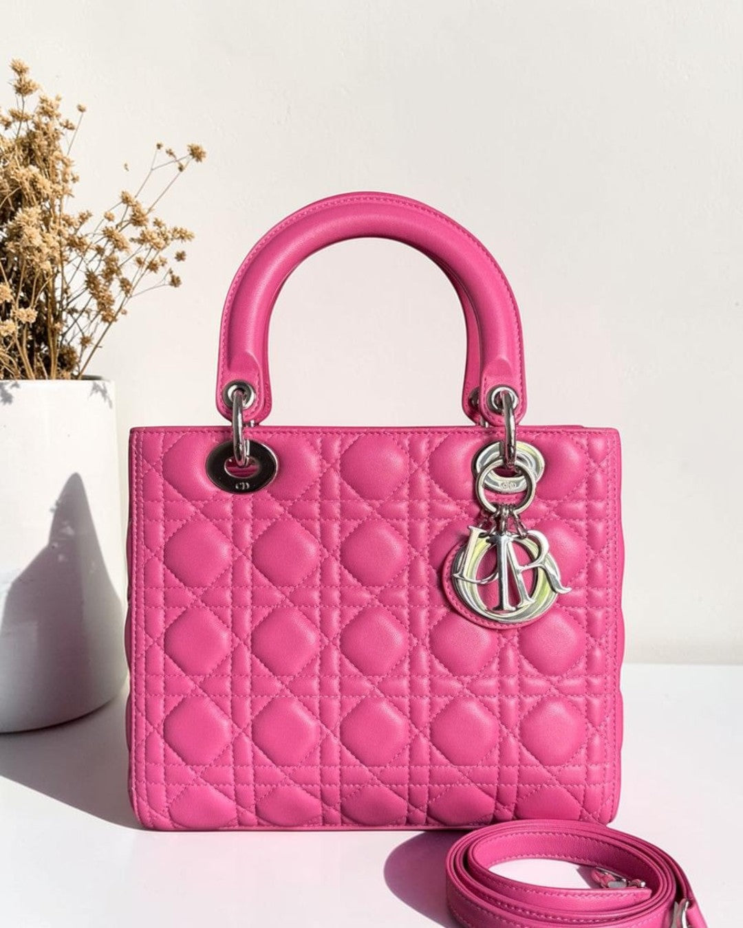 Dior Lady Medium - Cannage Lambskin Barbie Pink Silver Hardware Strap