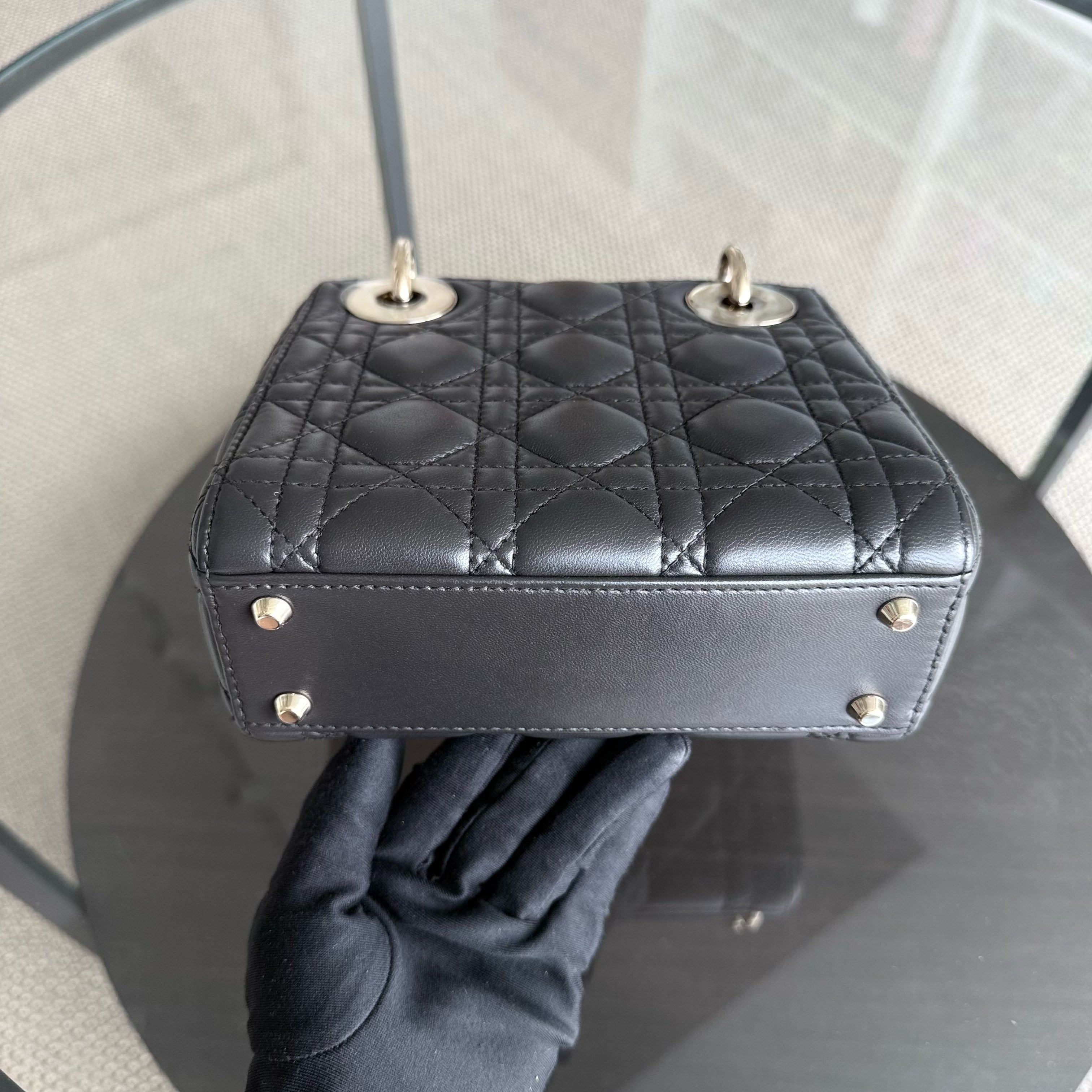 Dior Lady Mini - Cannage Lambskin Dark Grey Gray Gold Hardware Chain Strap