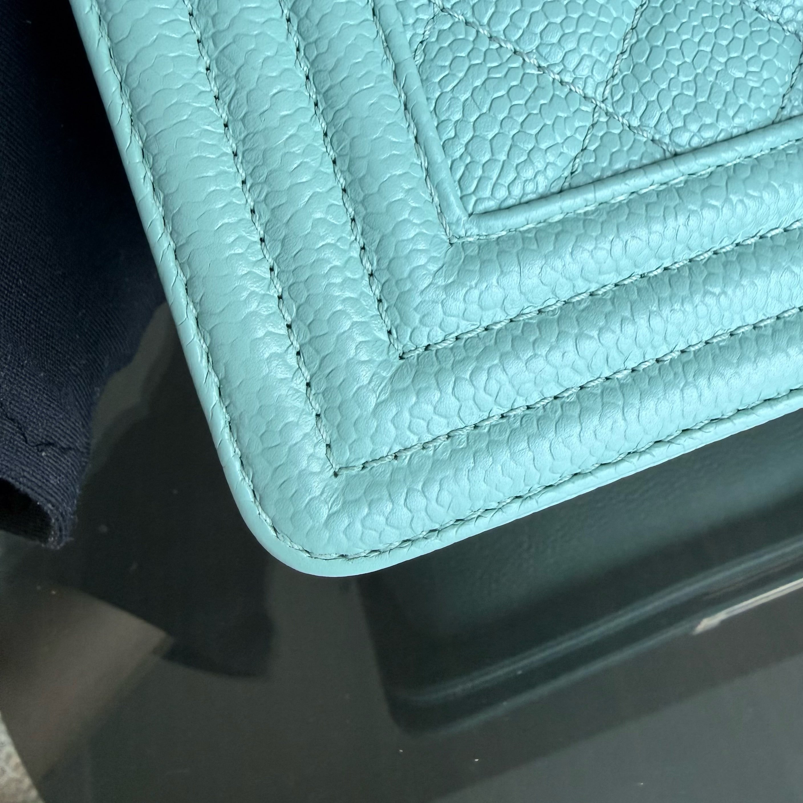 Chanel Boy Small - Caviar 20CM Quilted Tiffany Blue Gold Hardware Series 28