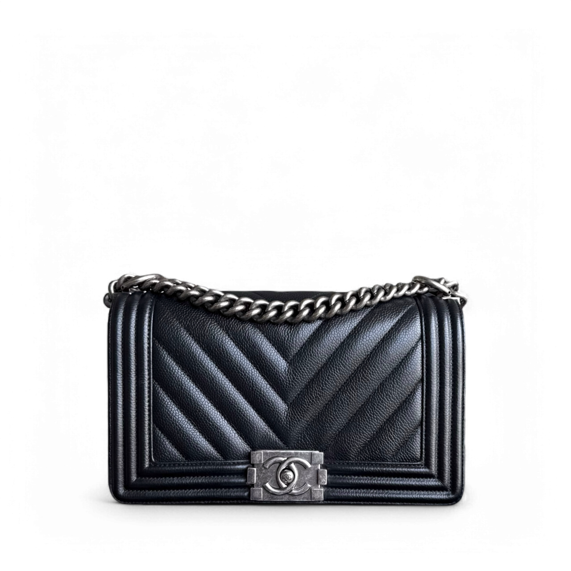 Chanel Boy Medium - Caviar 25CM Chevron Black Ruthenium Silver Hardware Series 29