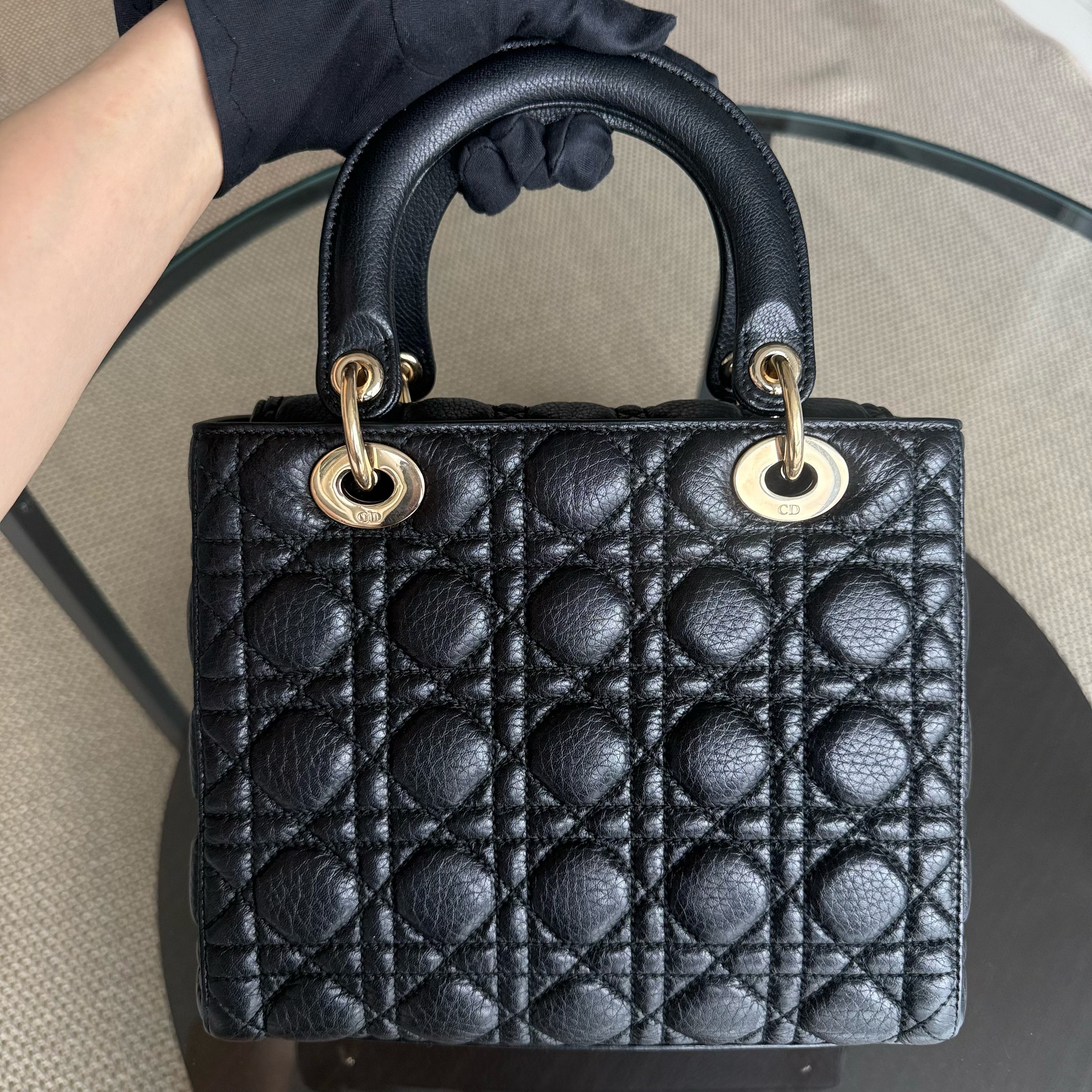 Dior Lady Medium Flap - Cannage Grained Calfskin Black Gold Hardware