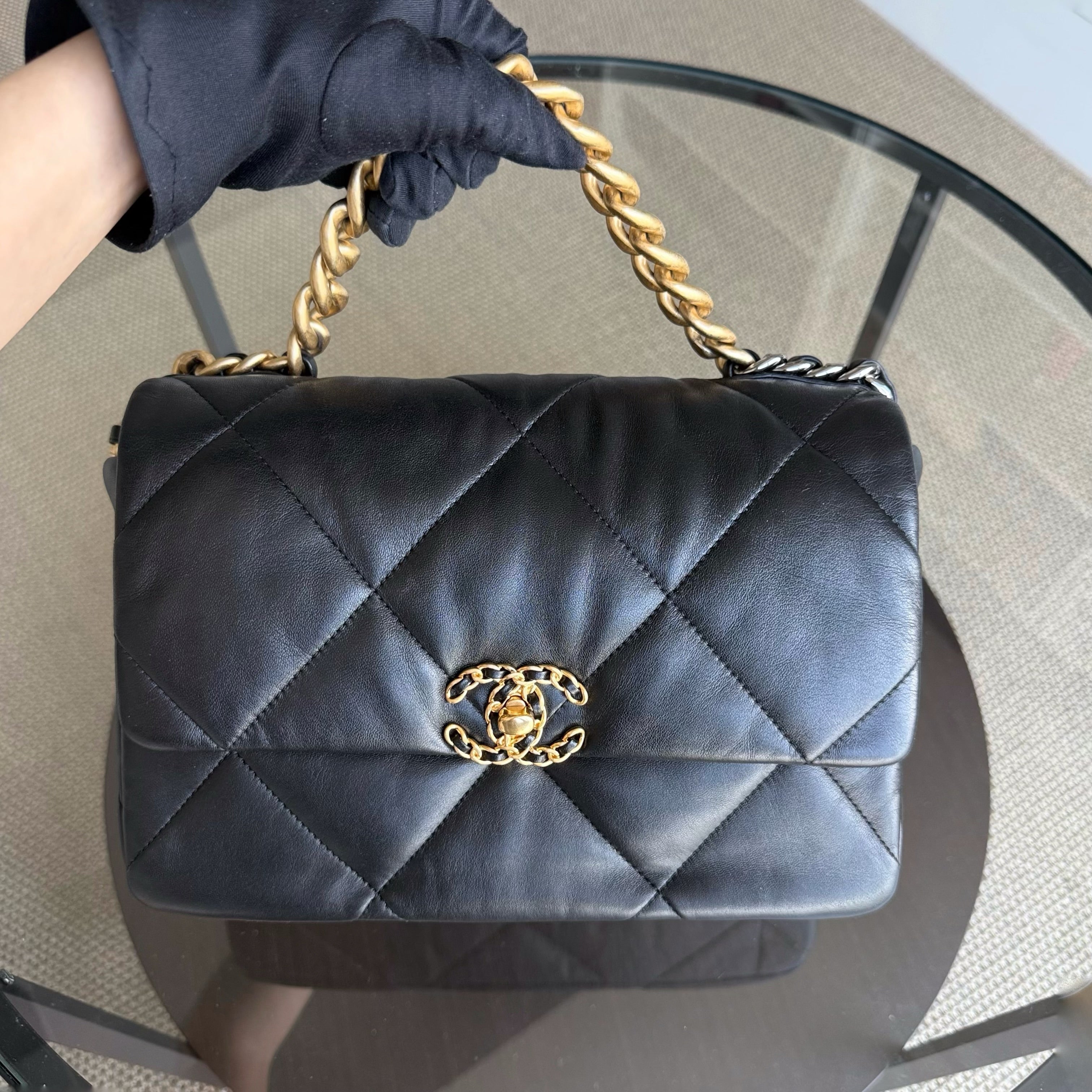 Chanel 19 Bag C19 Medium - Quilted Goatskin Black Two-Tone Gold Hardware Series 30
