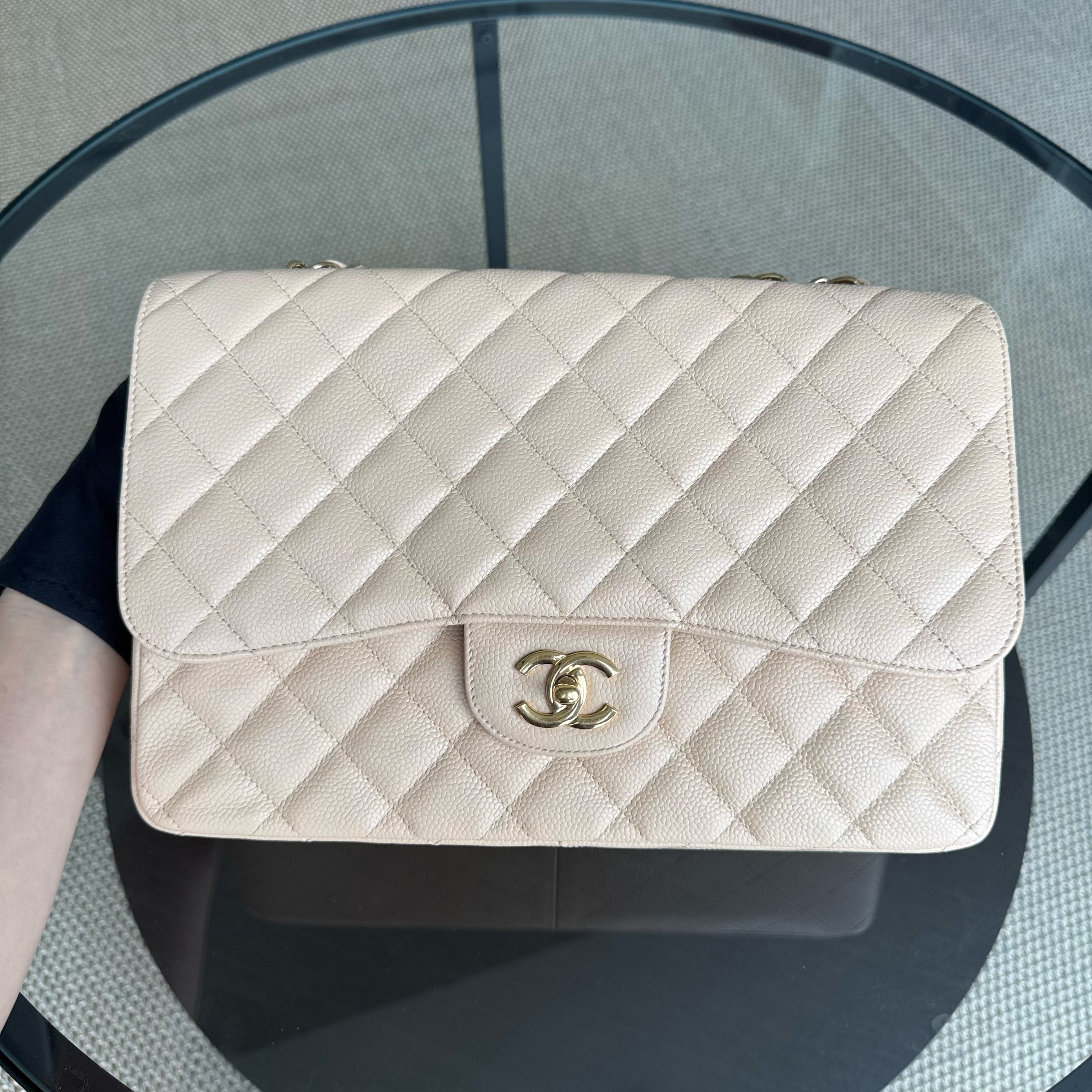 Chanel Classic Flap Jumbo - Caviar 30CM Single Flap Quilted Beige Gold Hardware Series 14