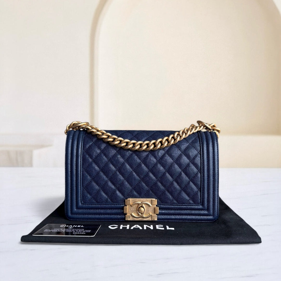 Chanel Boy Medium - Caviar 25CM Quilted Dark Blue Gold Hardware Series 27