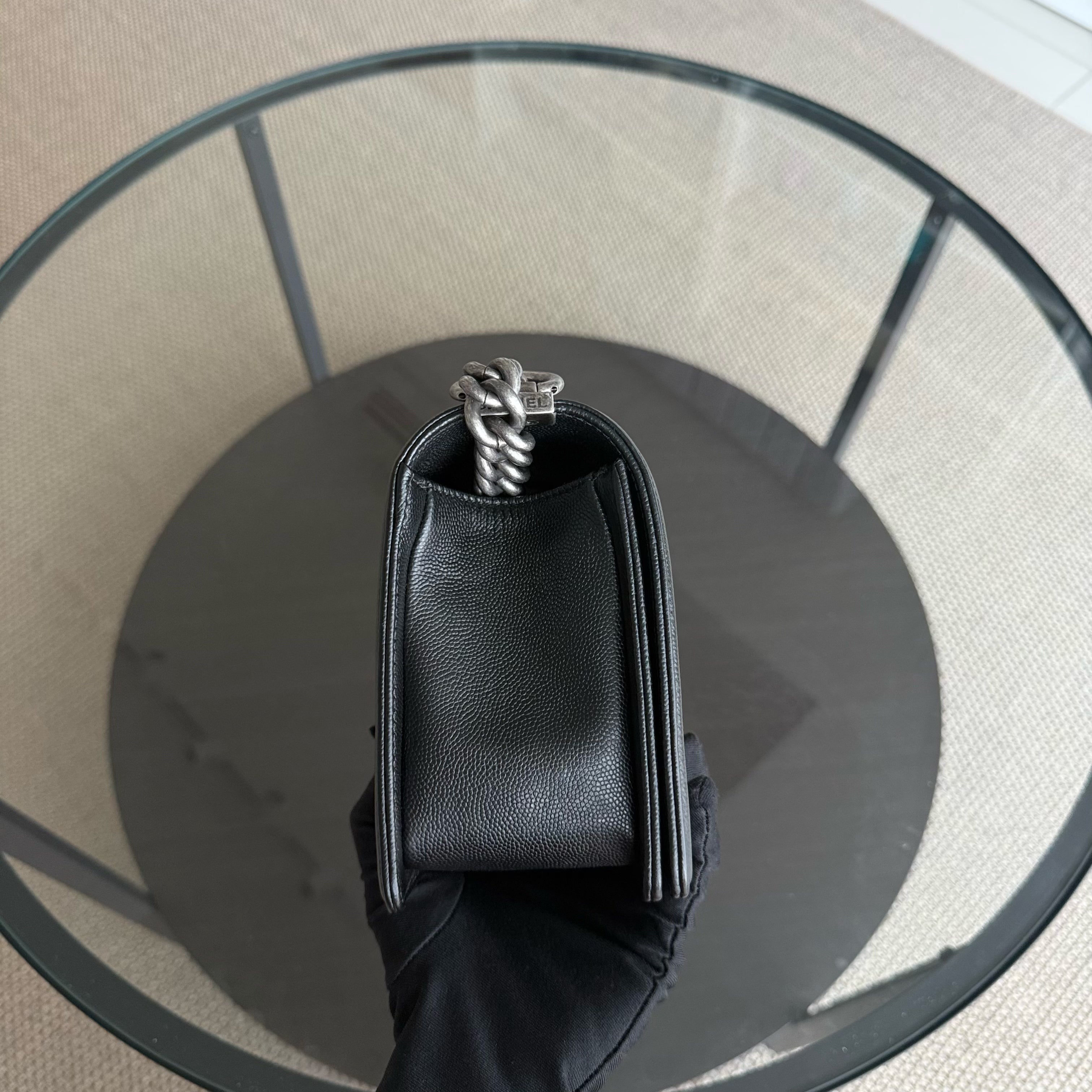 Chanel Boy Medium - Caviar 25CM Chevron Black Ruthenium Silver Hardware Series 24