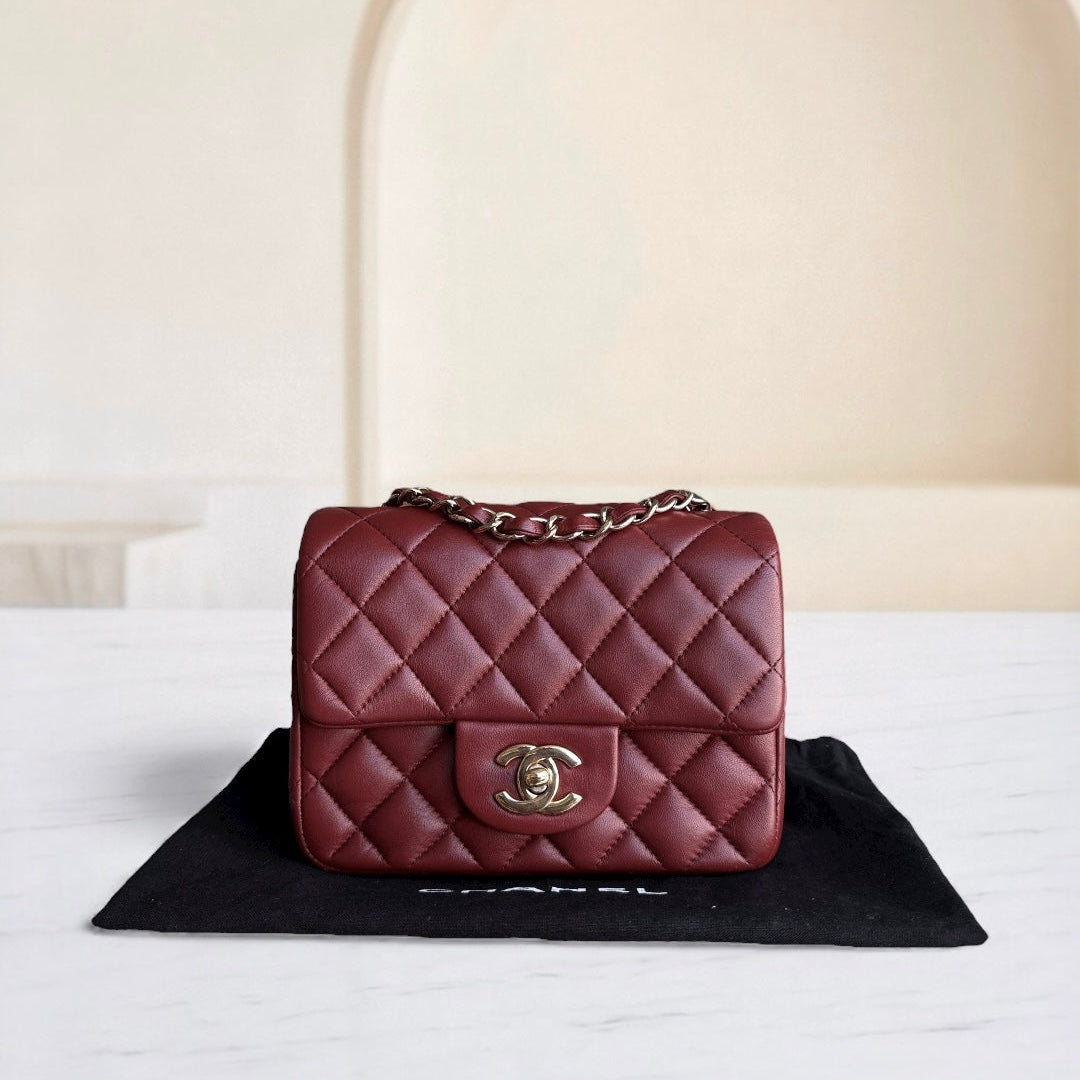 Chanel Classic Flap Mini Square - 17CM Quilted Lambskin Burgundy Gold Hardware Series 24