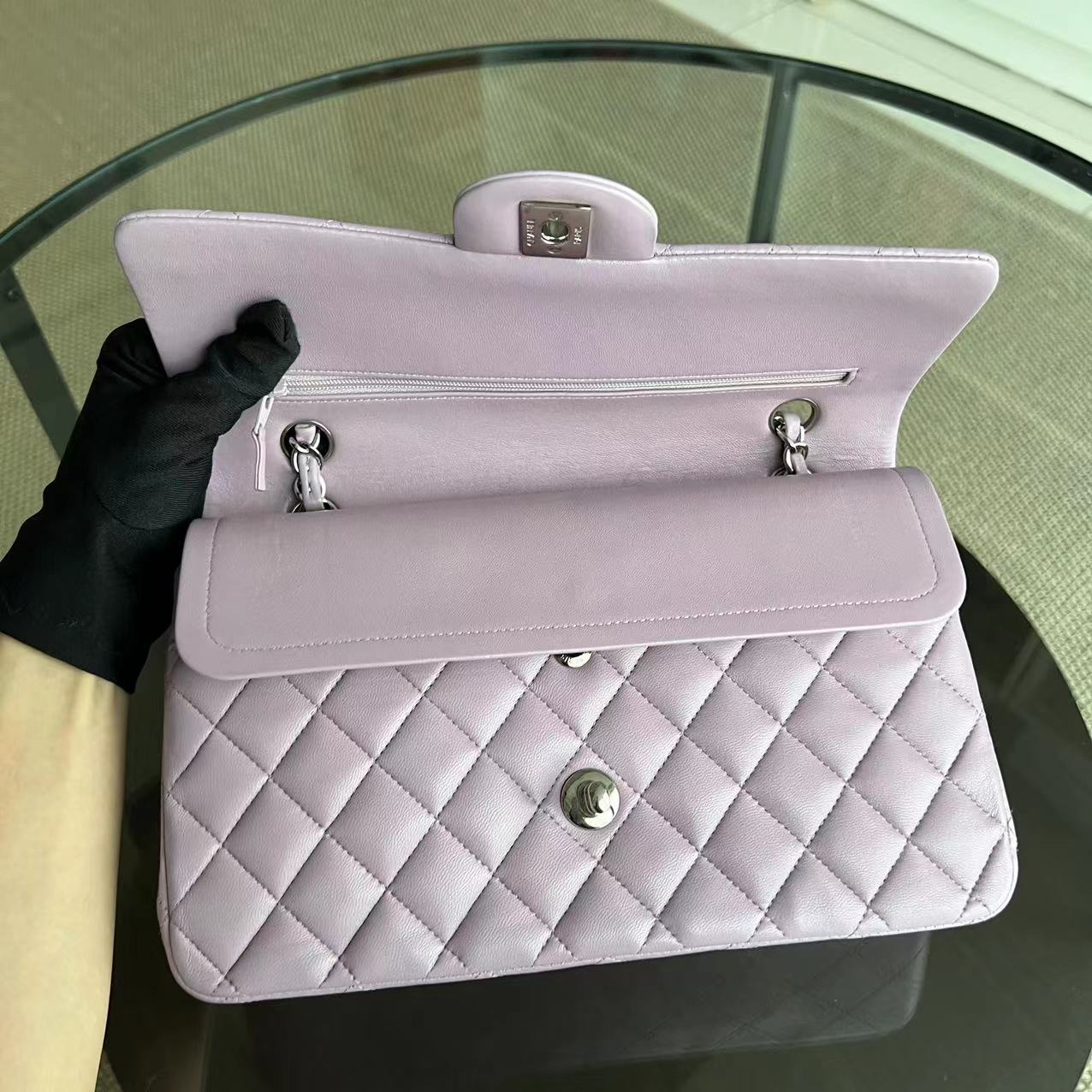 Double Flap Quilted Lambskin Violet Silver Hardware Series 17