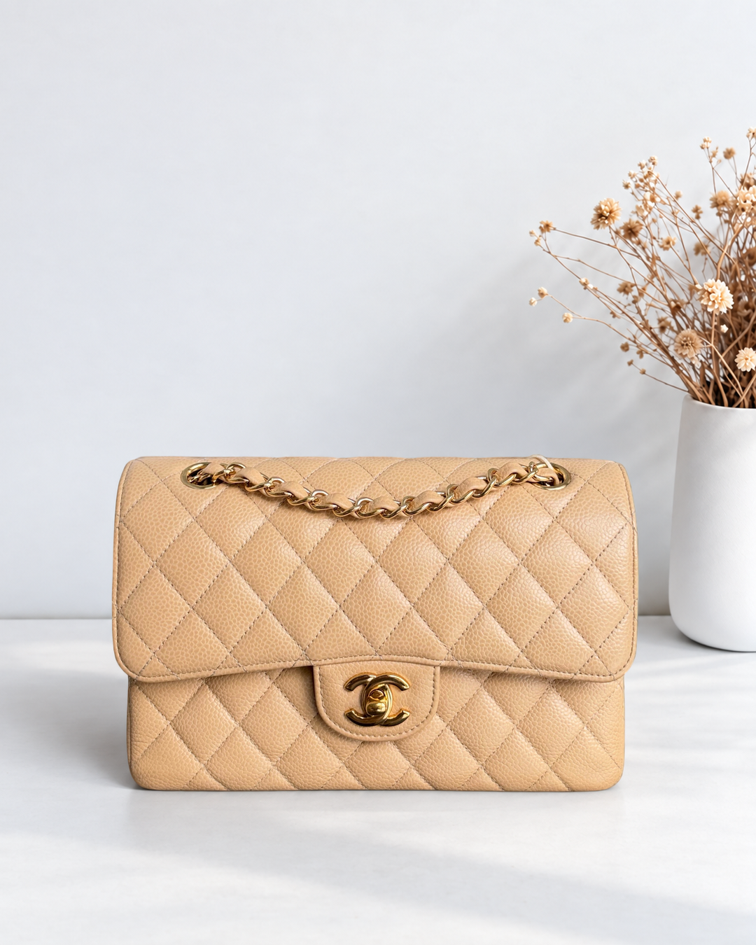 Chanel Classic Flap Small - Caviar 23CM Quilted Dark Beige Gold Hardware Microchip