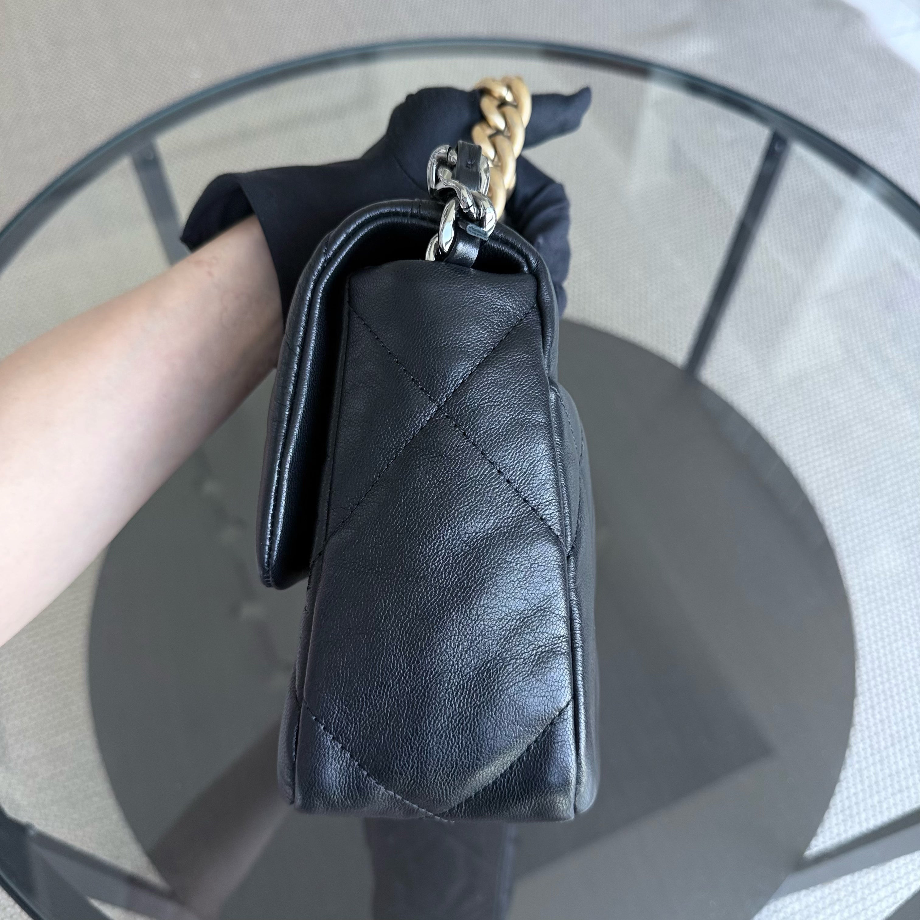 Chanel 19Bag C19 Small - Quilted Goatskin Black Gold Two-tone Hardware Series 30