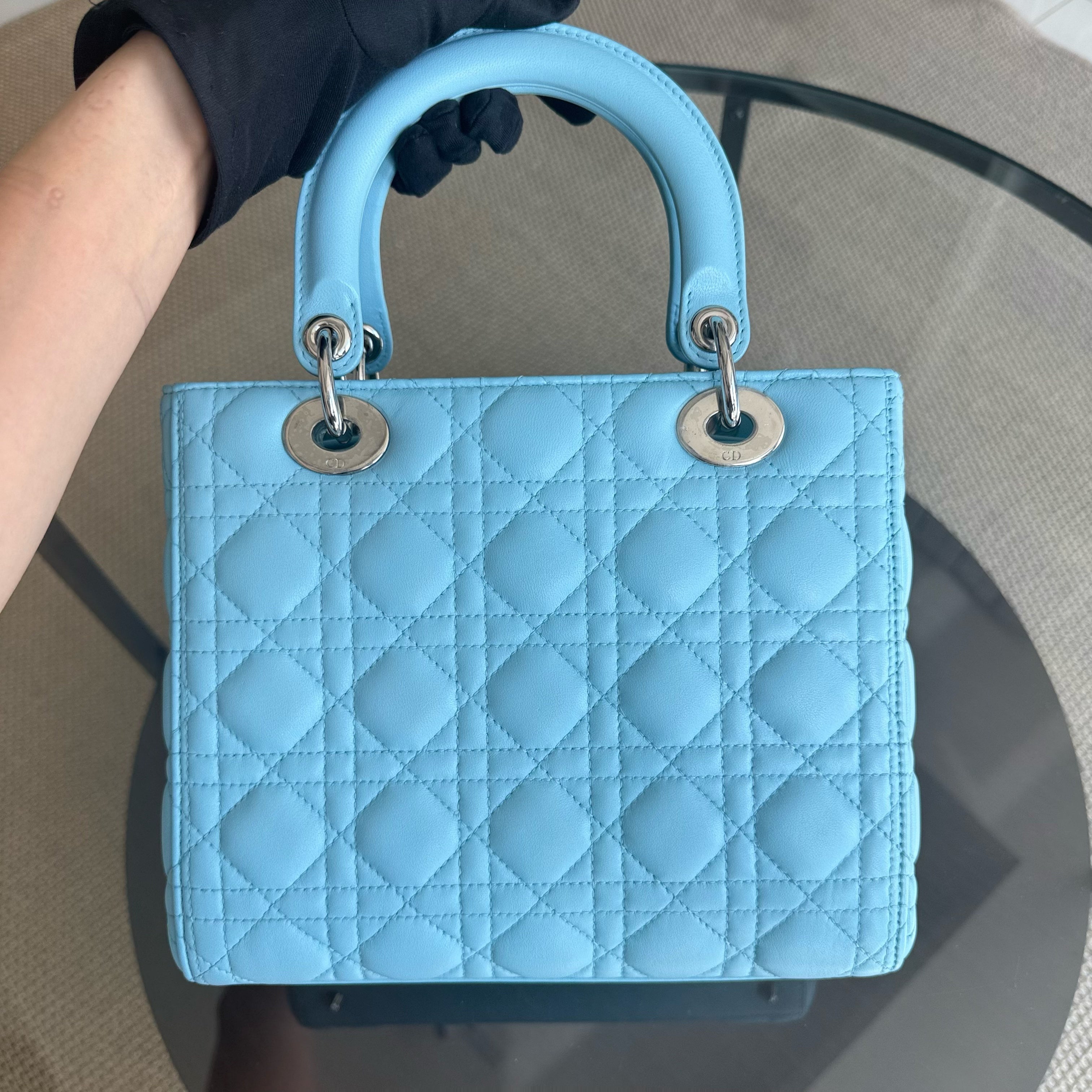 Dior Lady Medium - Cannage Lambskin Light Baby Blue Silver Hardware