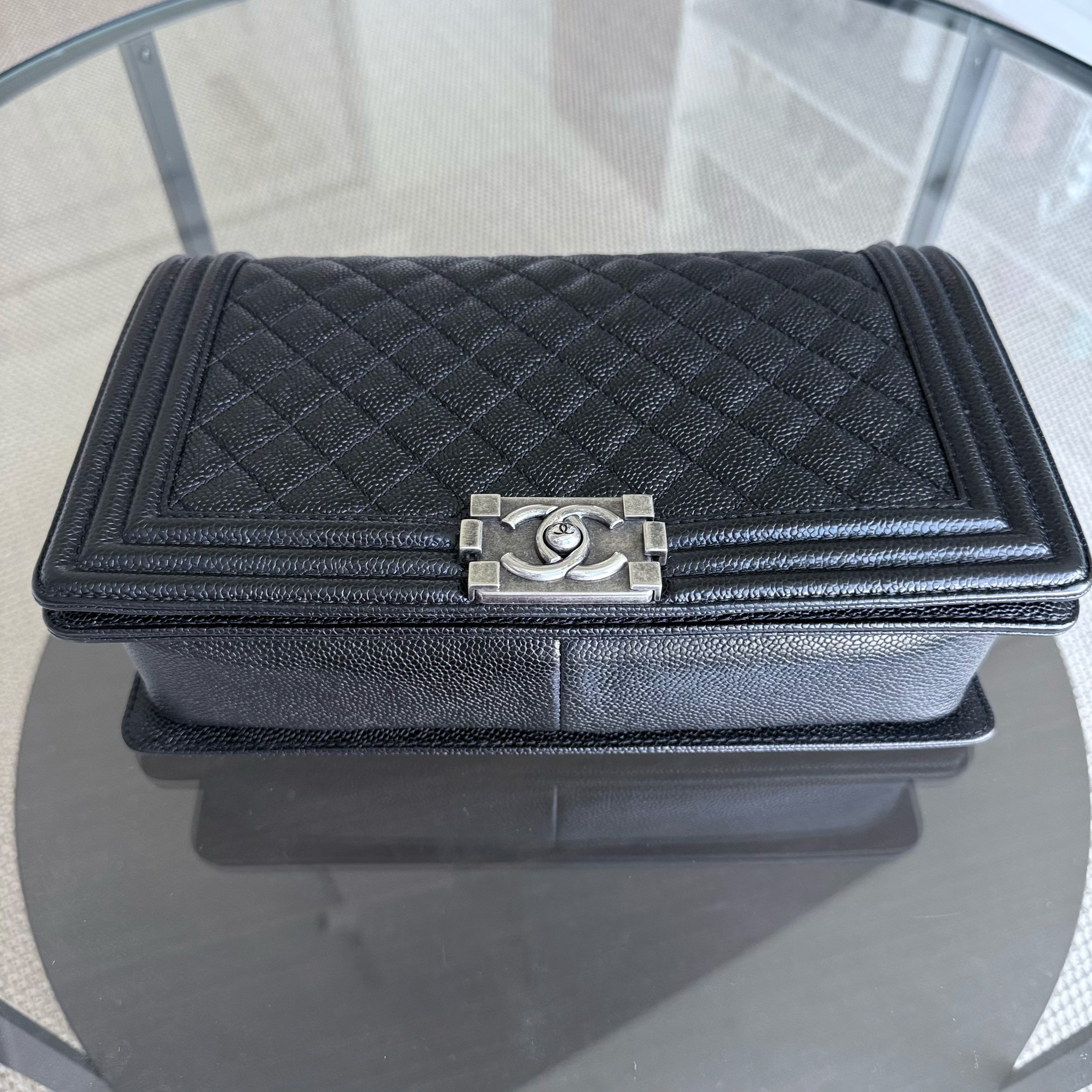 Chanel Boy Medium - Caviar 28CM New Medium Quilted Black Ruthenium Silver Hardware Series 19