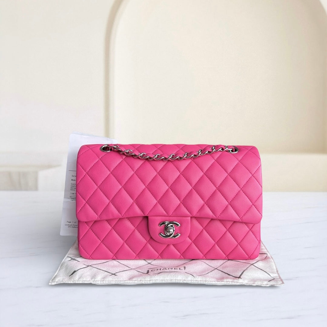Chanel Classic Flap Medium Bag - Quilted Lambskin Hot Pink Silver Hardware Series 19