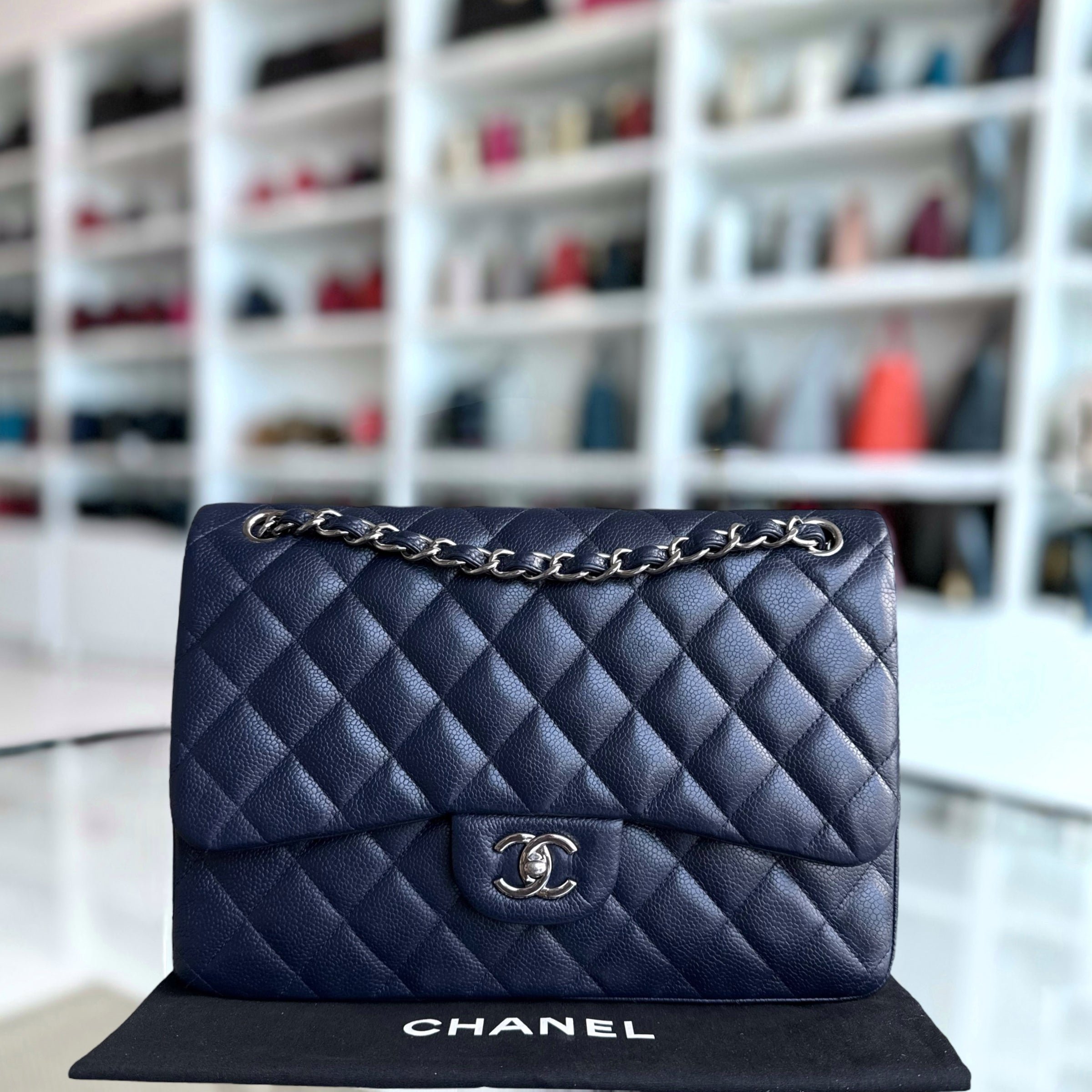 Chanel Classic Flap Jumbo - Caviar Double Flap 30CM Quilted Grained Calfskin Dark Navy Blue Silver Hardware Series 19
